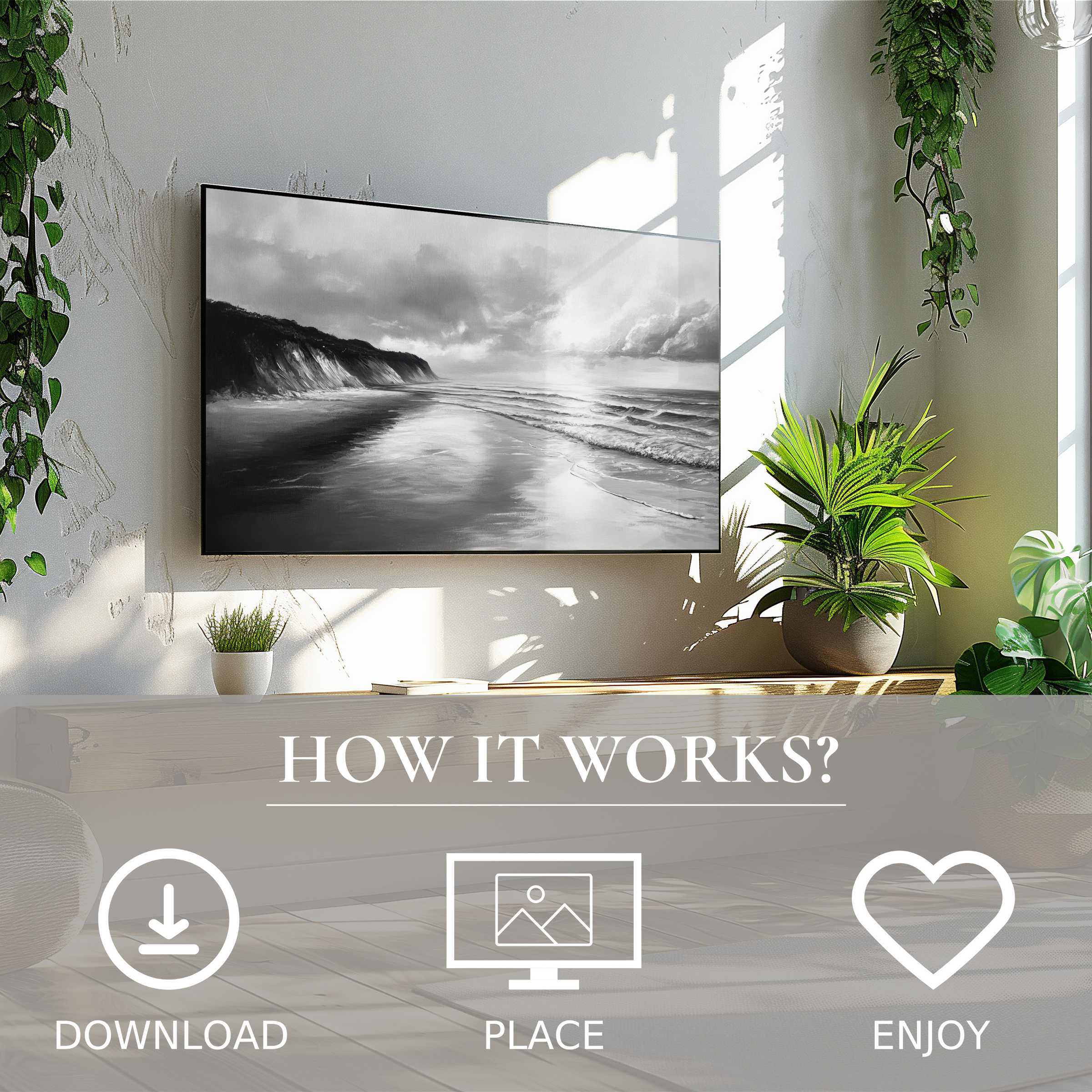 Modern living room with black and white art for Samsung TV showing serene coastal waves, easy digital download enriches space