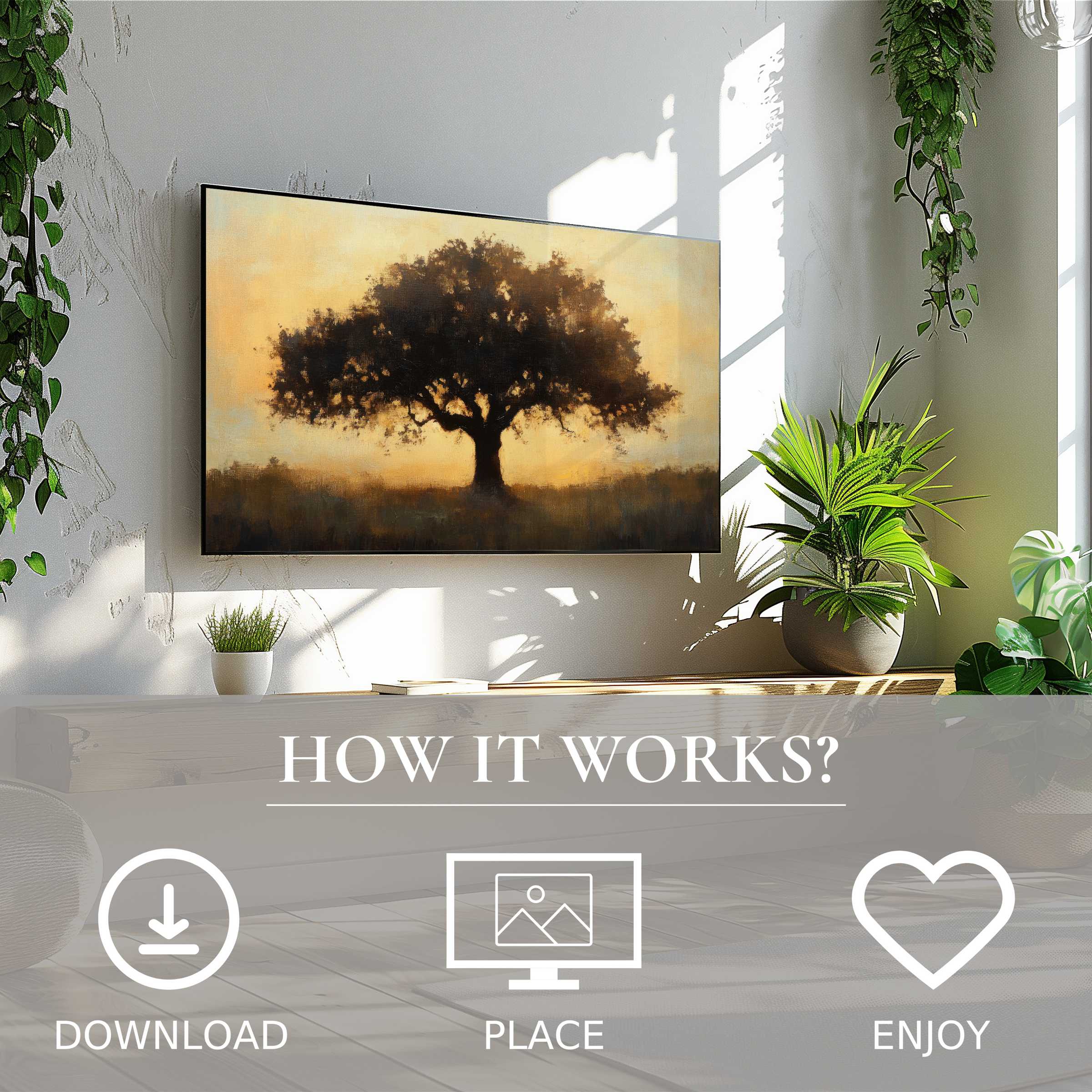 Tree art for Samsung TV shows soft sunset tones, easy digital download enriches modern living spaces with warmth
