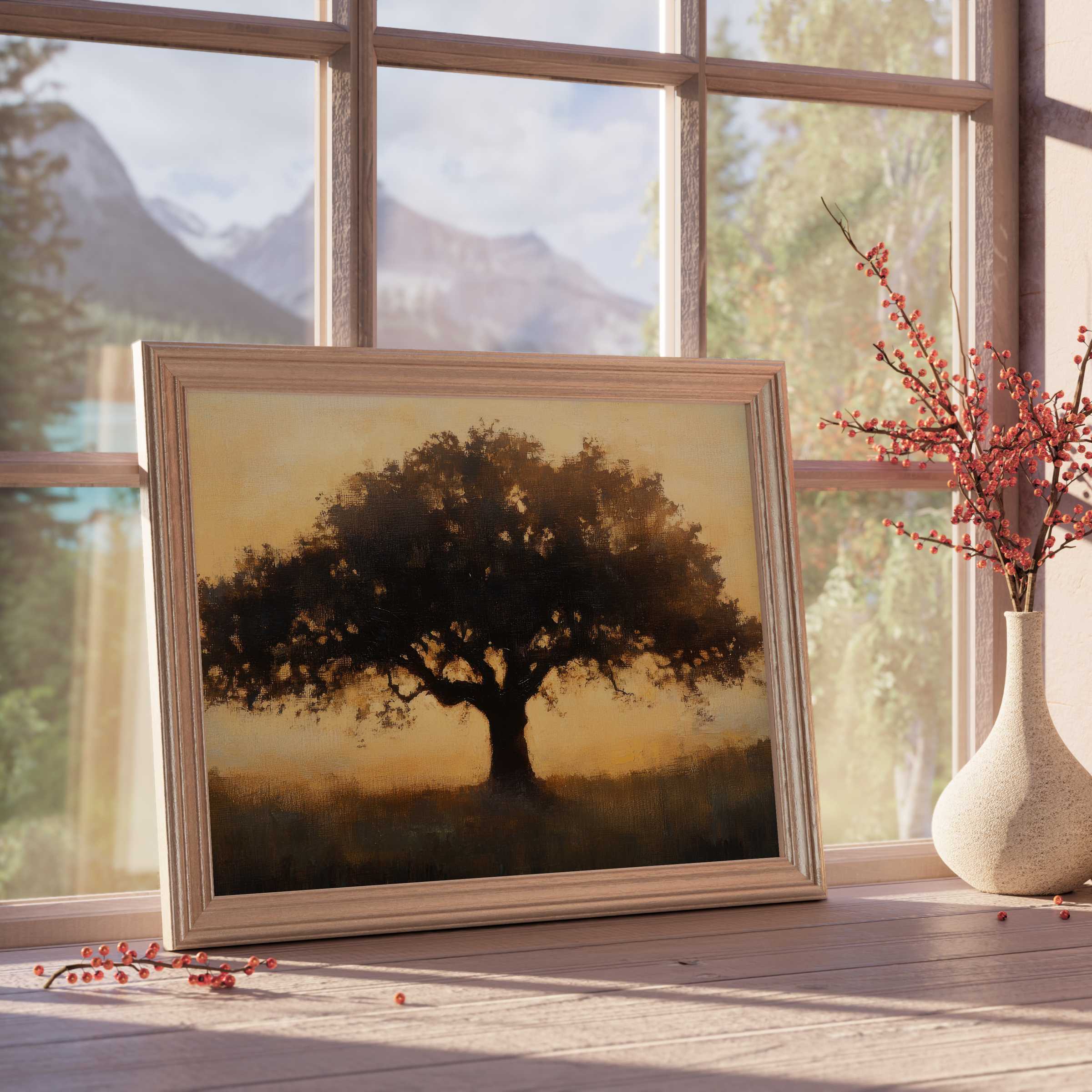 Majestic tree downloadable art radiates warm, tranquil ambiance, elevating curated interiors with organic elegance and timeless charm