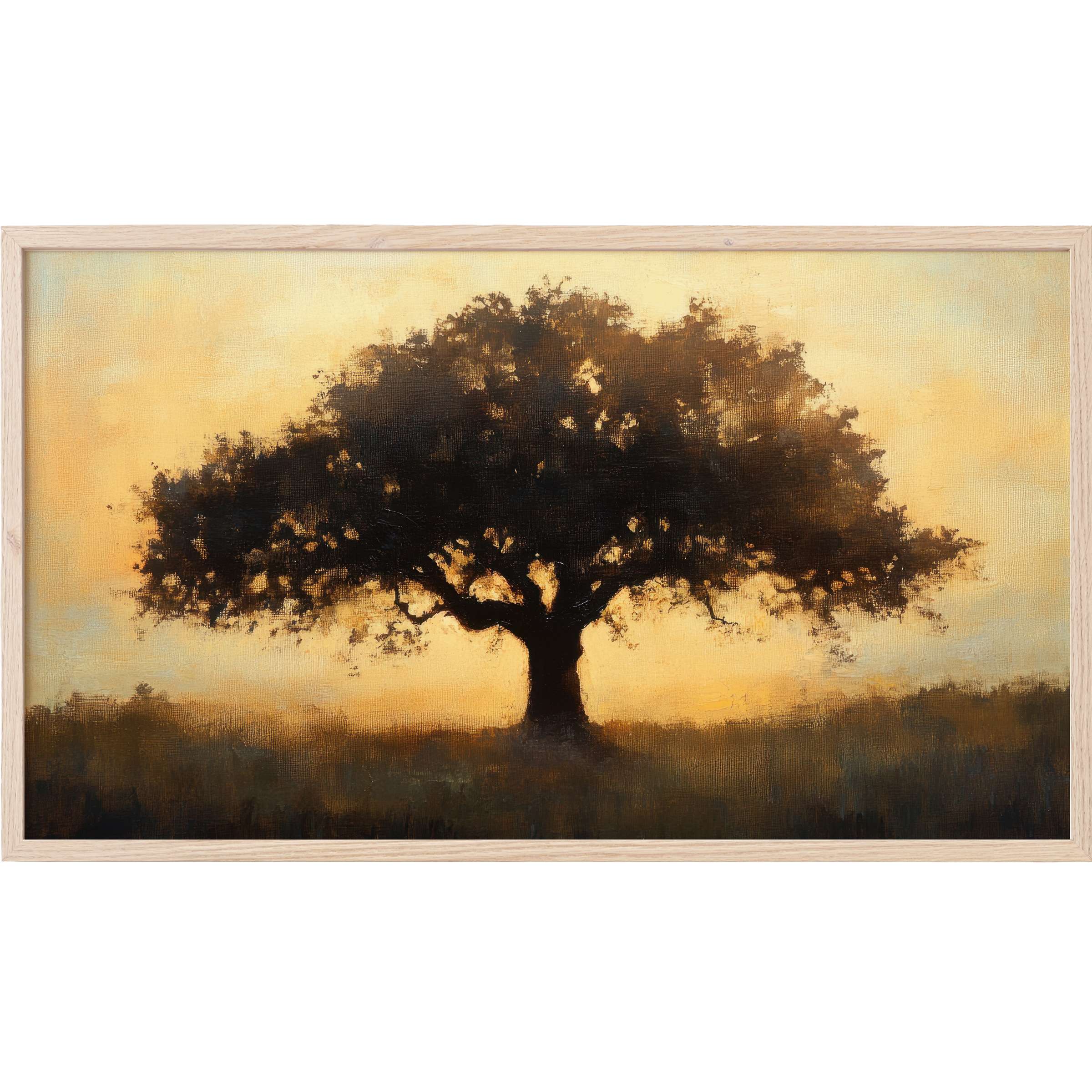 Elegant silhouette of a sprawling tree against warm golden hues, perfect as tree Frame TV Art for modern spaces