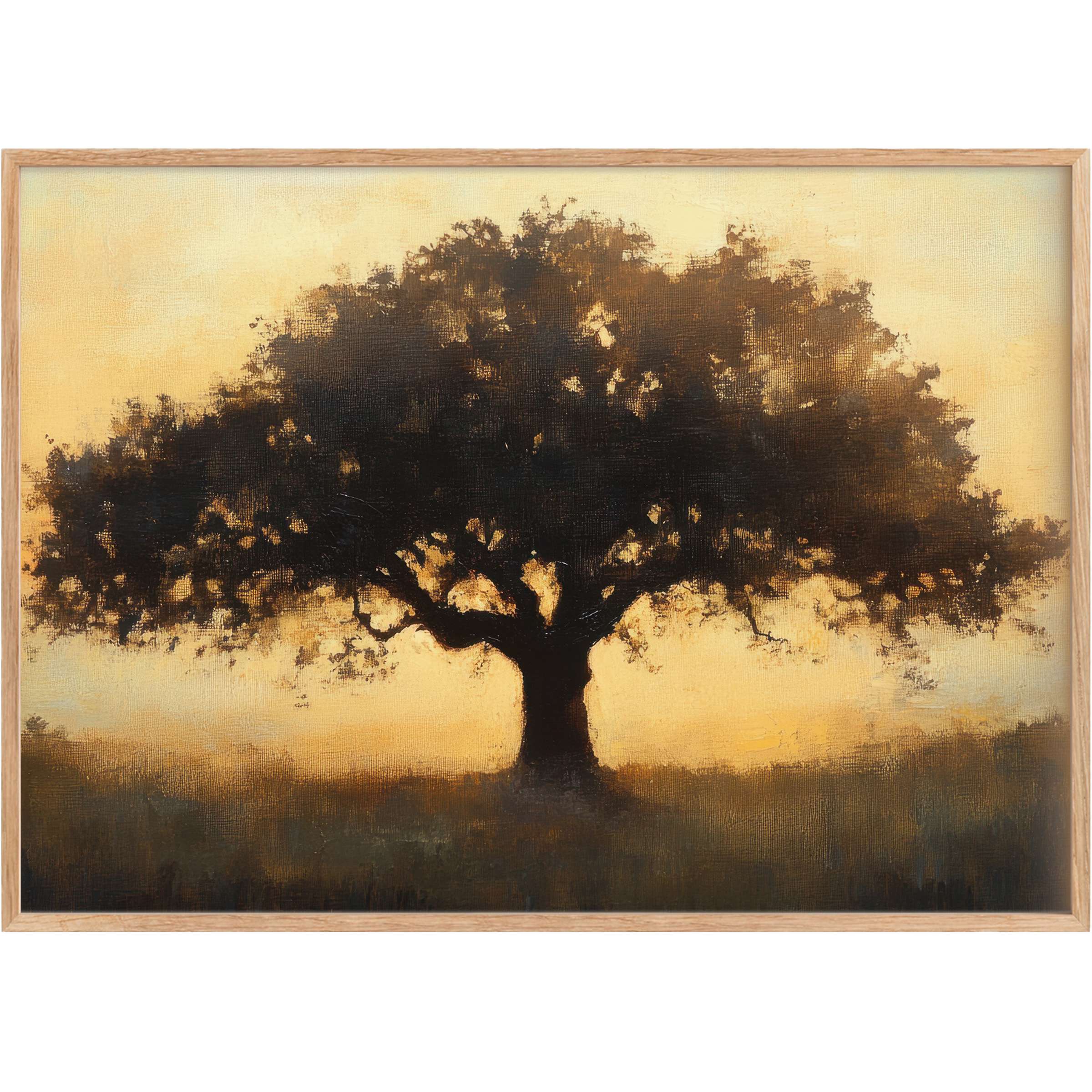 Majestic tree printable wall art radiates warmth with golden hues and deep shadows, evoking serene, timeless elegance