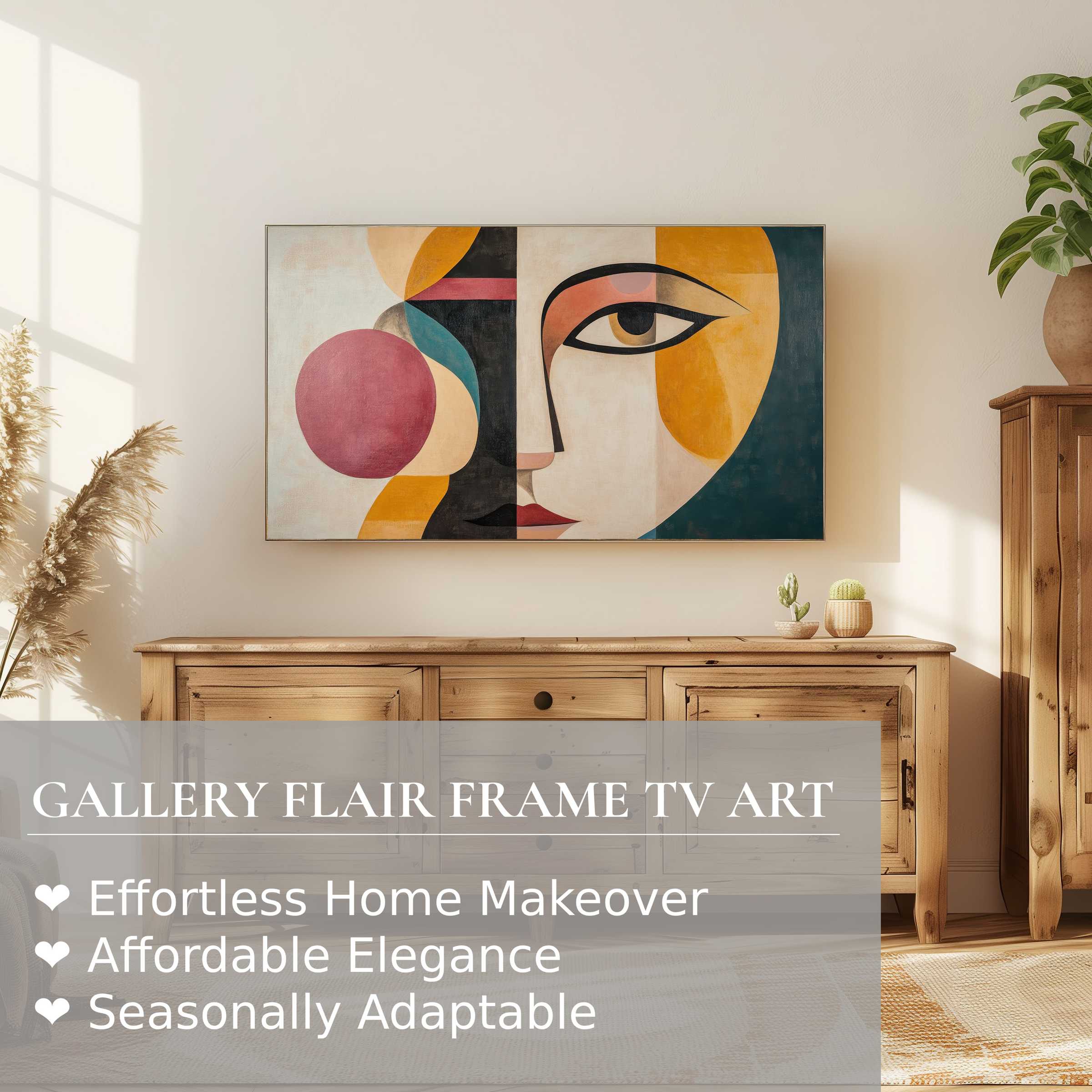 Samsung Frame TV showcases minimalist digital artwork in a warm, elegant living room with refined modern decor