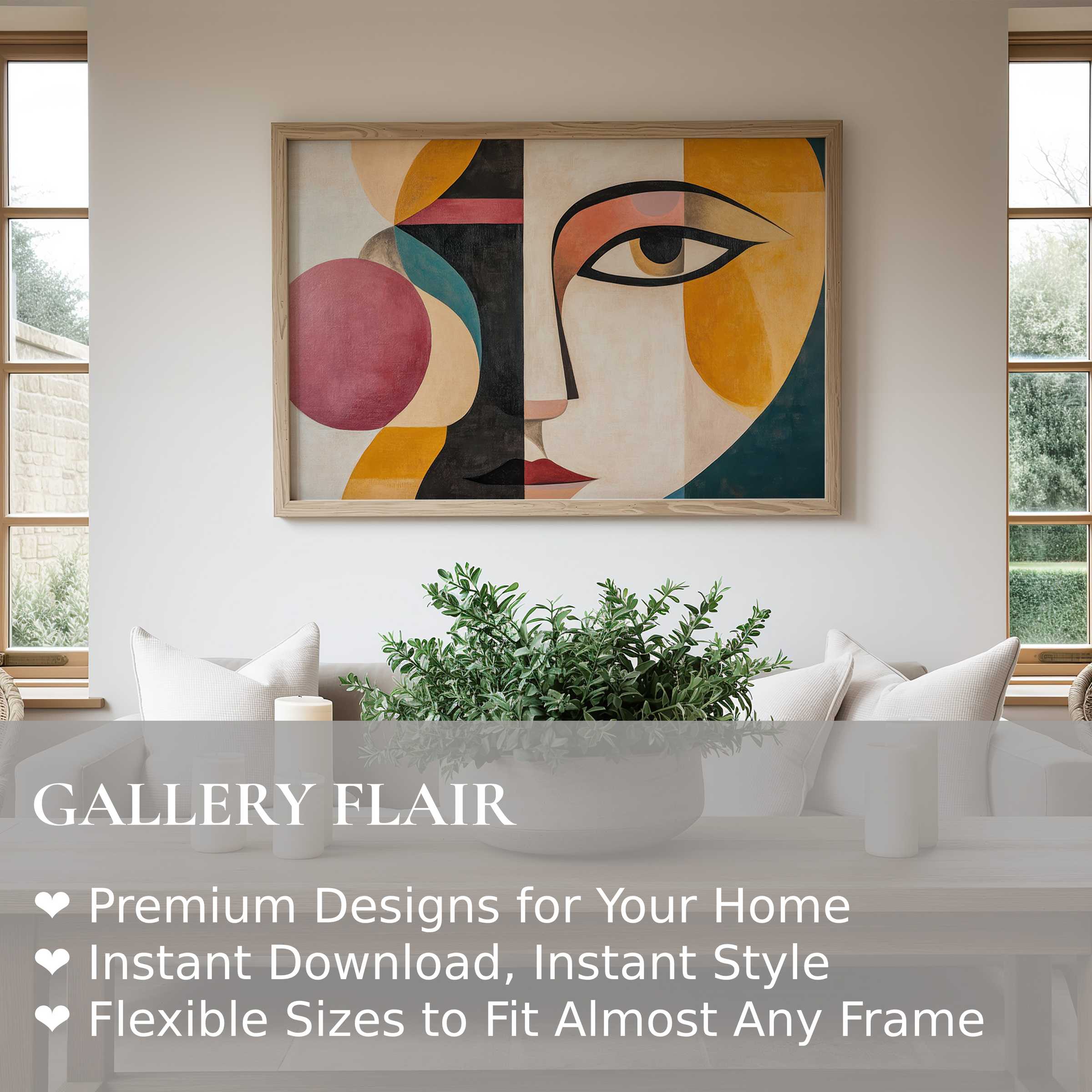 Minimalist wall art print featuring abstract face in warm hues elevates this modern, serene living space with bold, artistic flair