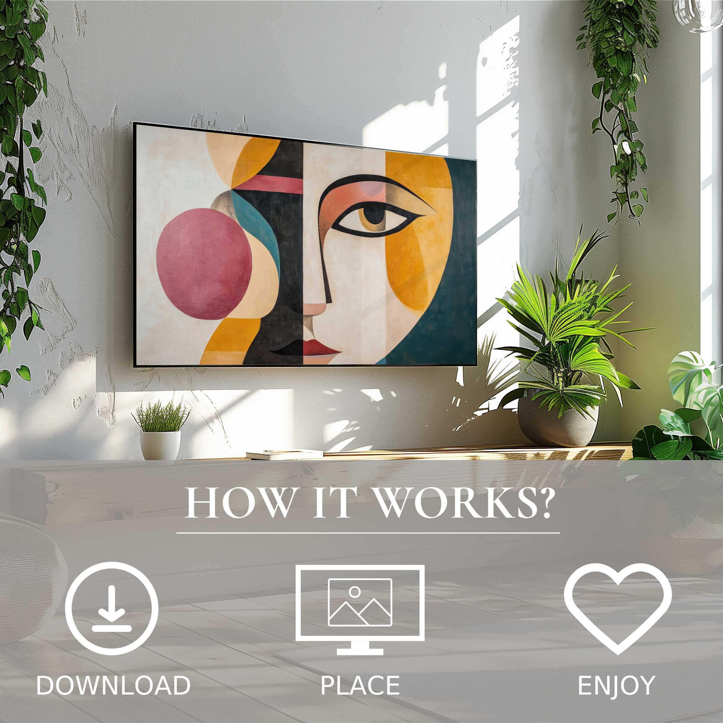 Minimalist art for Samsung TV shows abstract warm tones face motif, easy digital download enriching modern living spaces