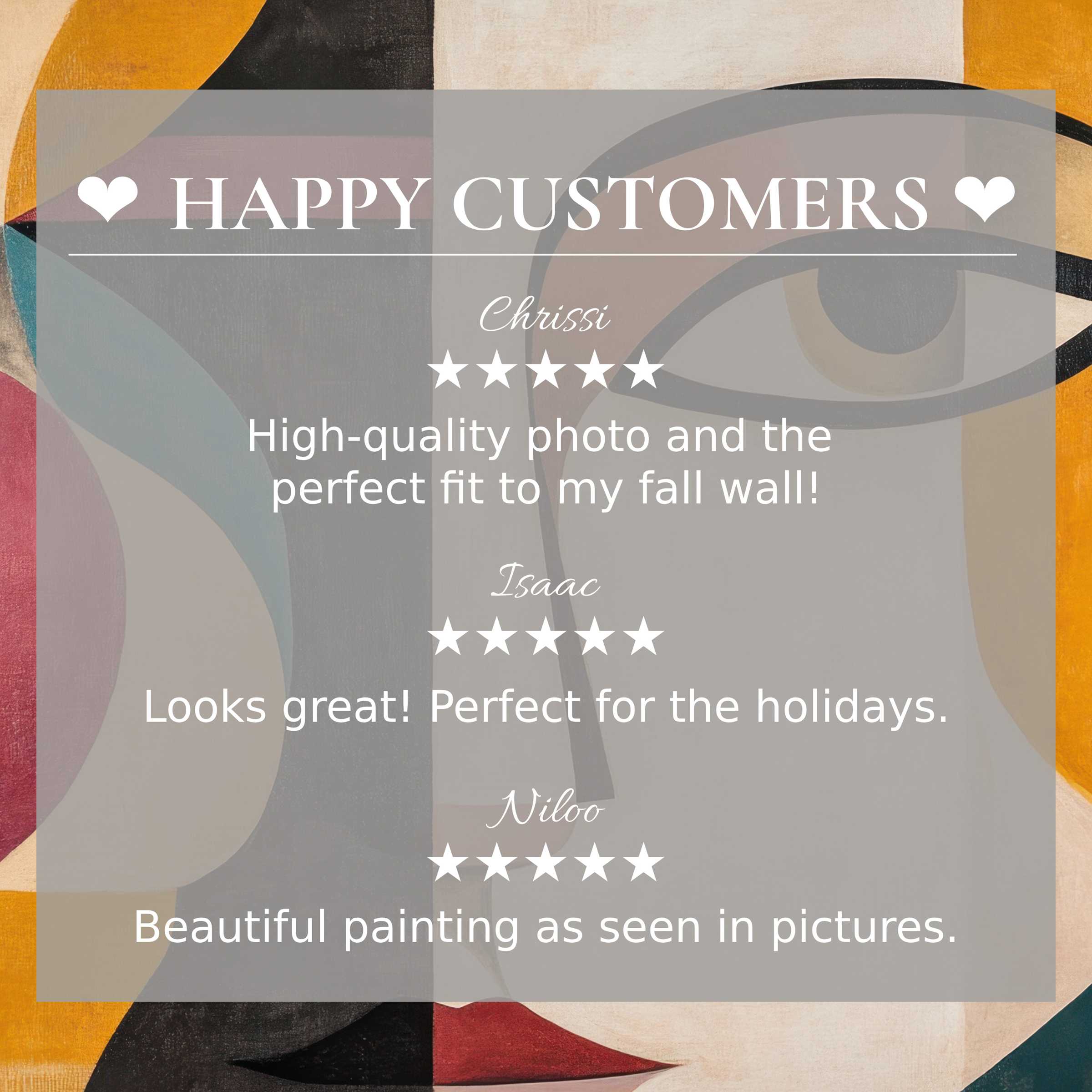 Minimalist art for Frame TV with abstract sunset hues; happy customer reviews build trust and highlight elegant design