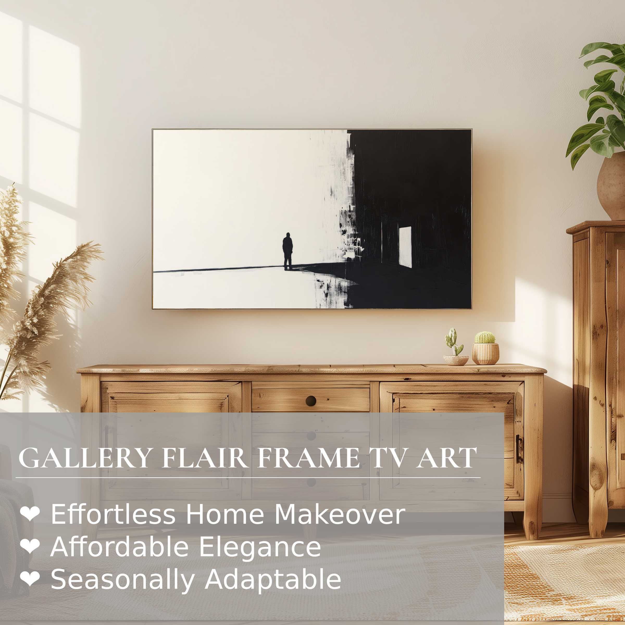 Minimalist black and white street art digital artwork displayed on Samsung Frame TV in a refined modern living room