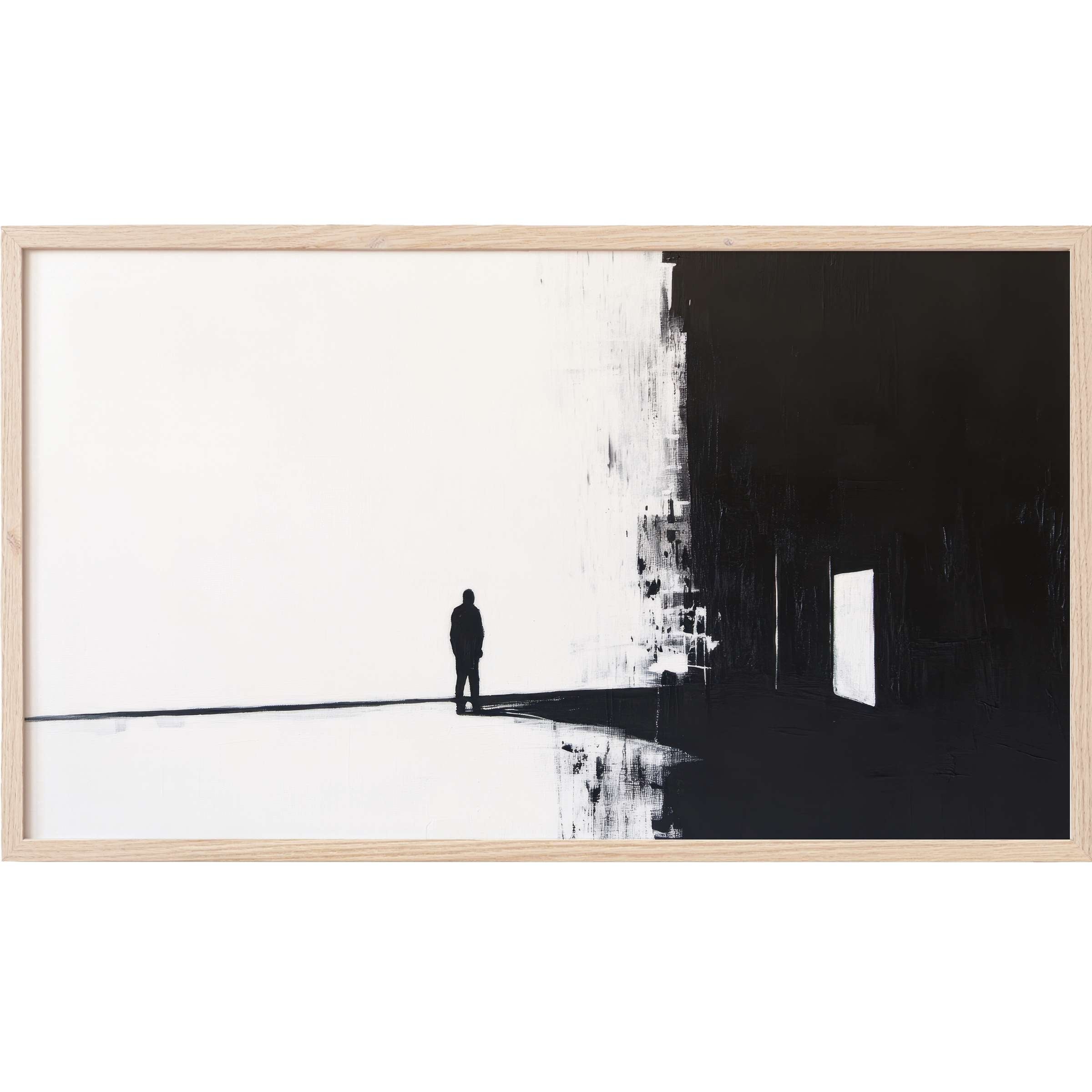 Minimalist black and white silhouette with light doorway contrast, perfect street art Frame TV Art for modern spaces