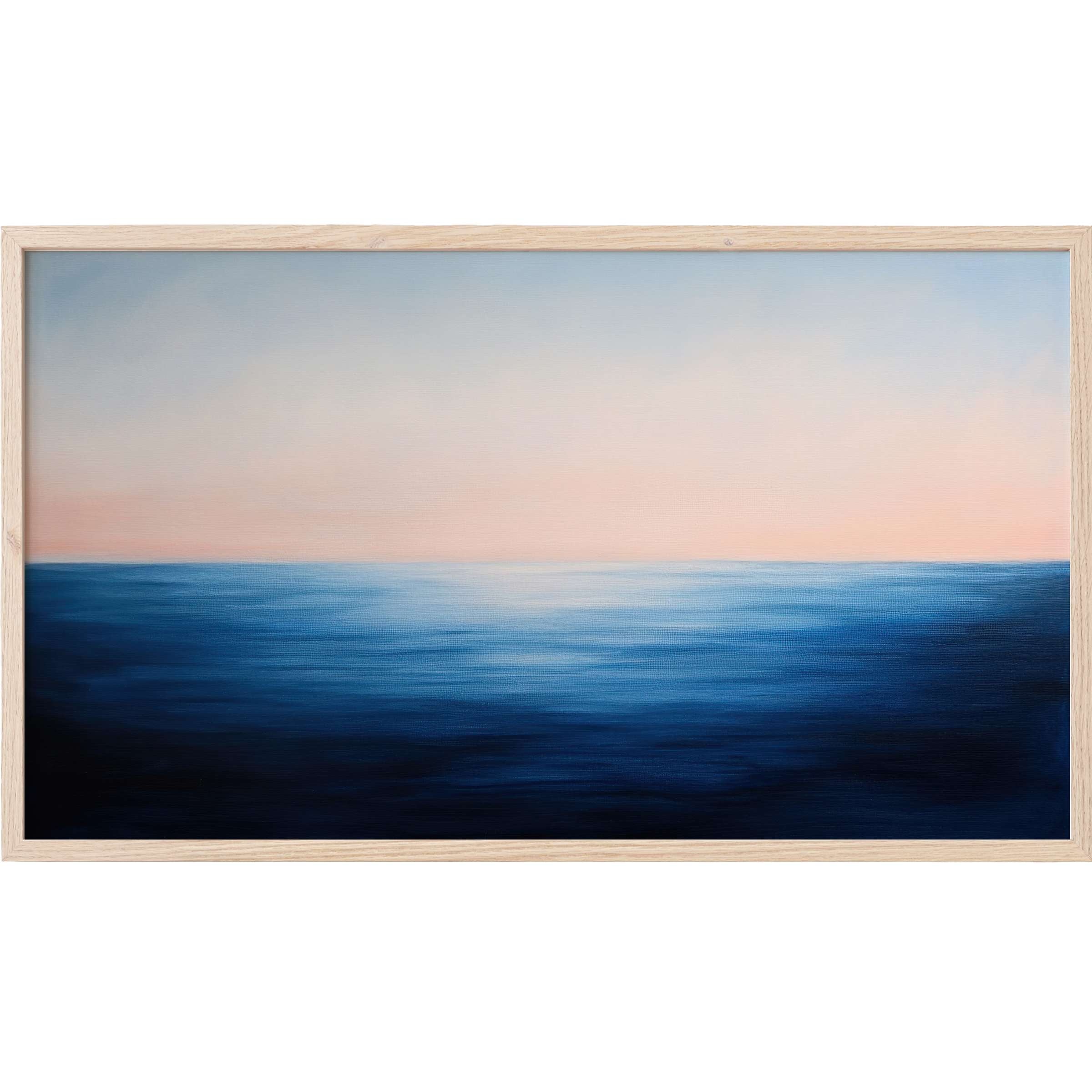 Tranquil seascape with soft blues and warm peach hues in a sleek wood frame, modern Frame TV Art for elegant spaces