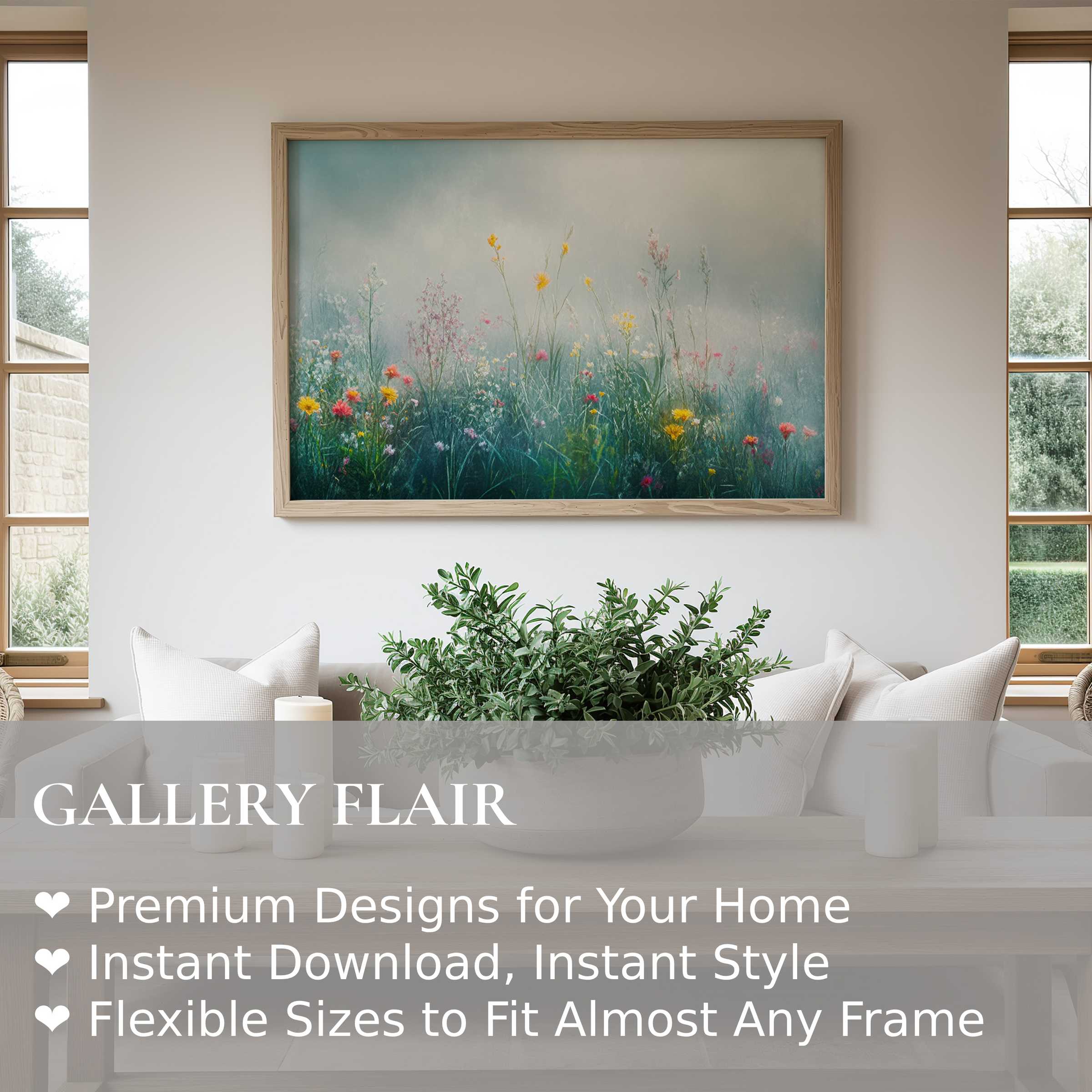 Floral wall art print capturing a radiant meadow in soft, misty hues; elevates serene, modern living spaces with natural elegance