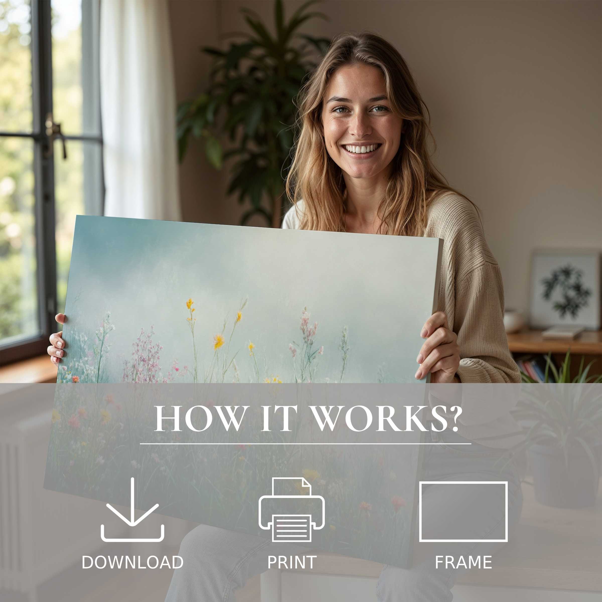 A radiant woman embraces a floral digital art print, capturing the serene joy of effortless elegance in modern home decor