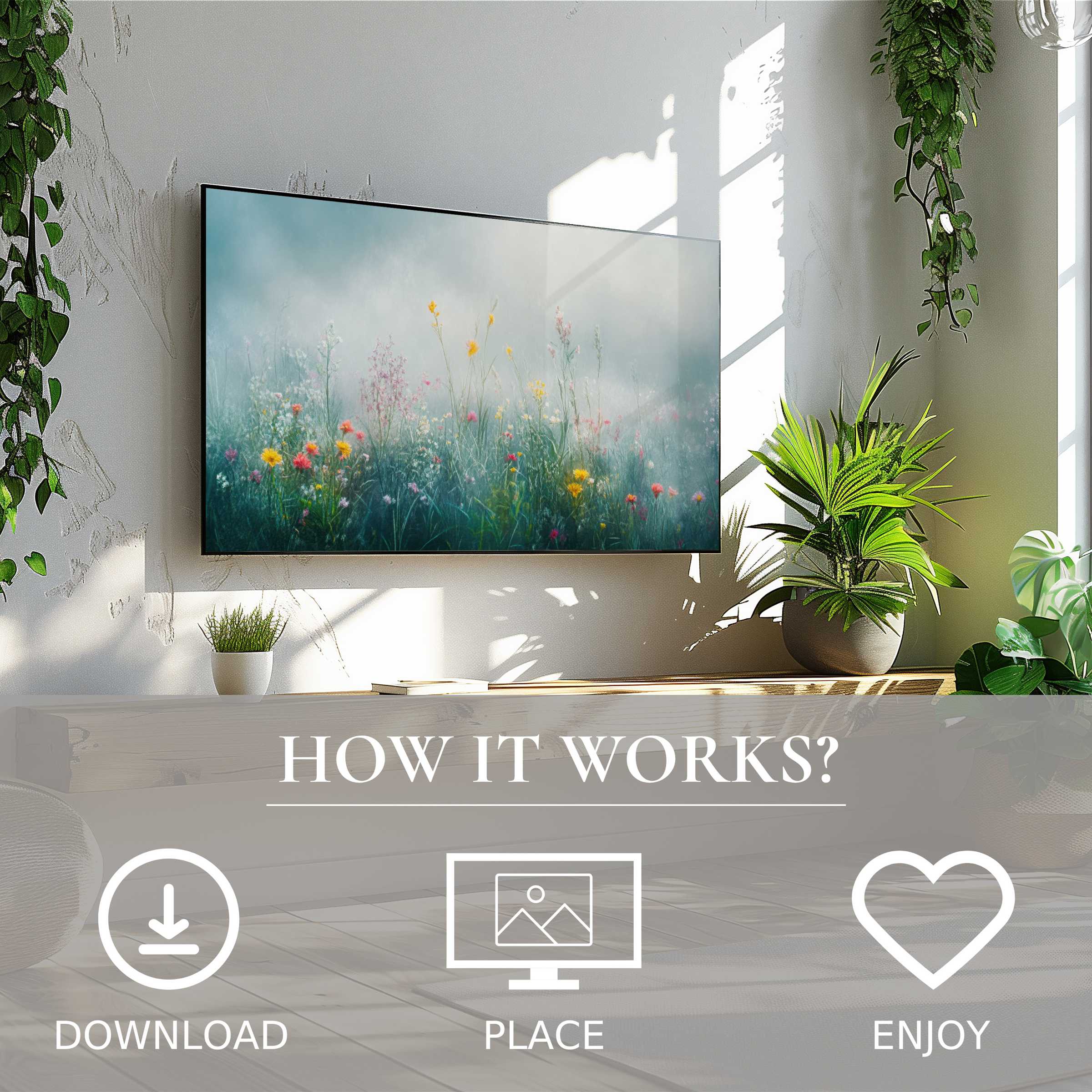 Floral art for Samsung TV in a bright room with easy digital download; soft misty wildflower motif enhances decor
