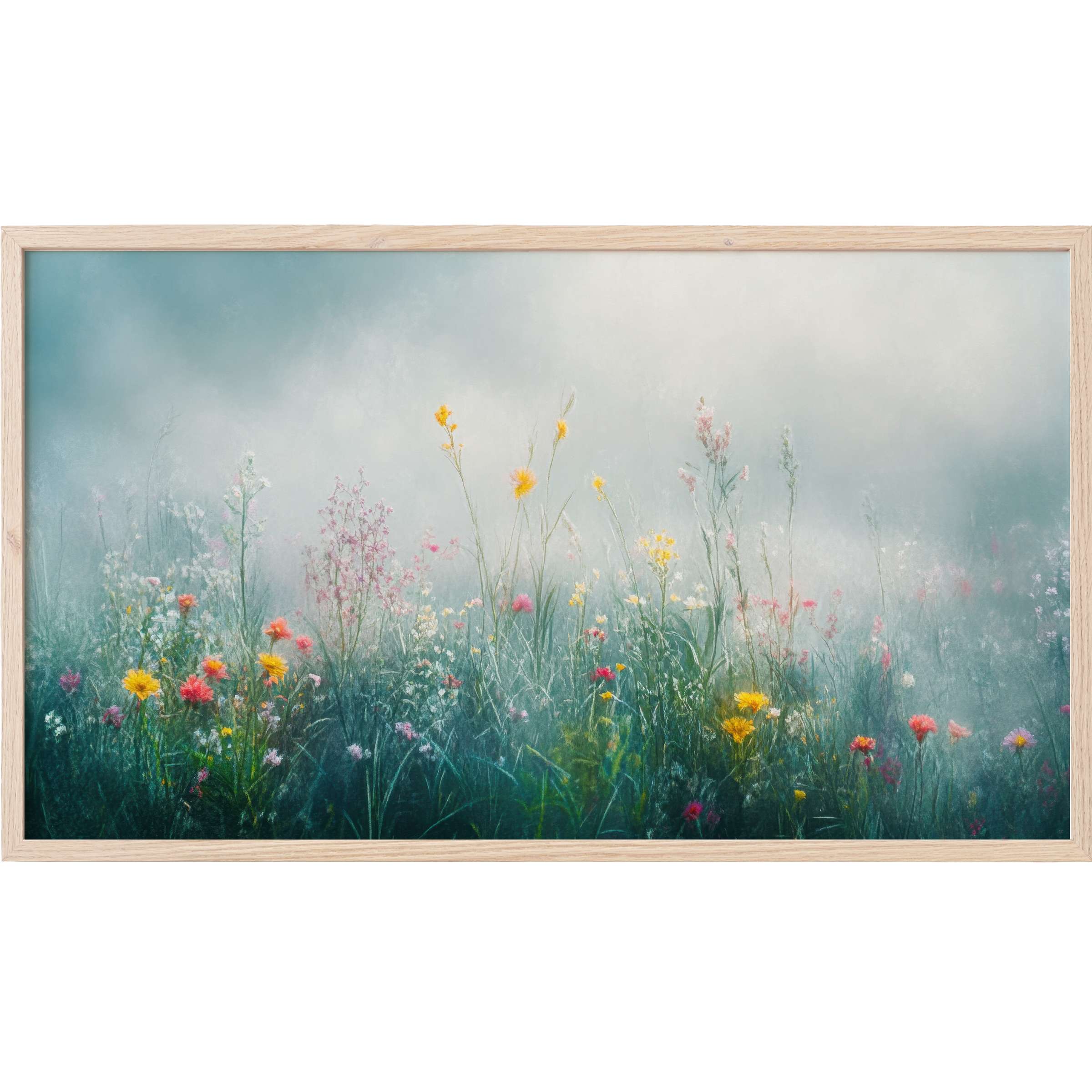 Floral Frame TV Art with soft mist, delicate wildflowers in pastel hues, evoking serene, modern elegance