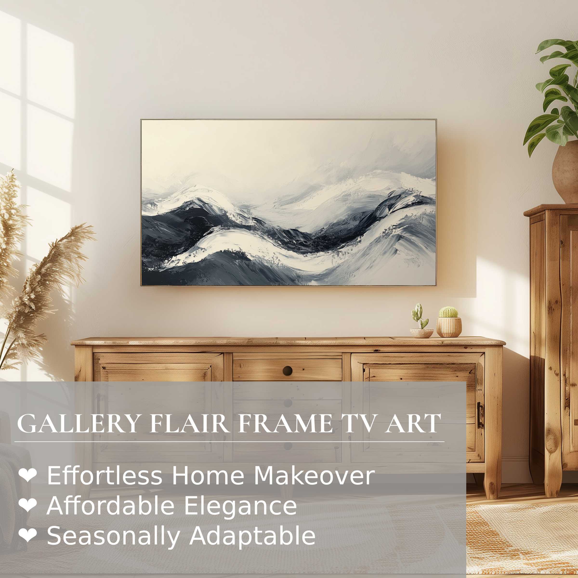 Samsung Frame TV displays neutral digital artwork in soft greys, enhancing a serene, modern living space aesthetic