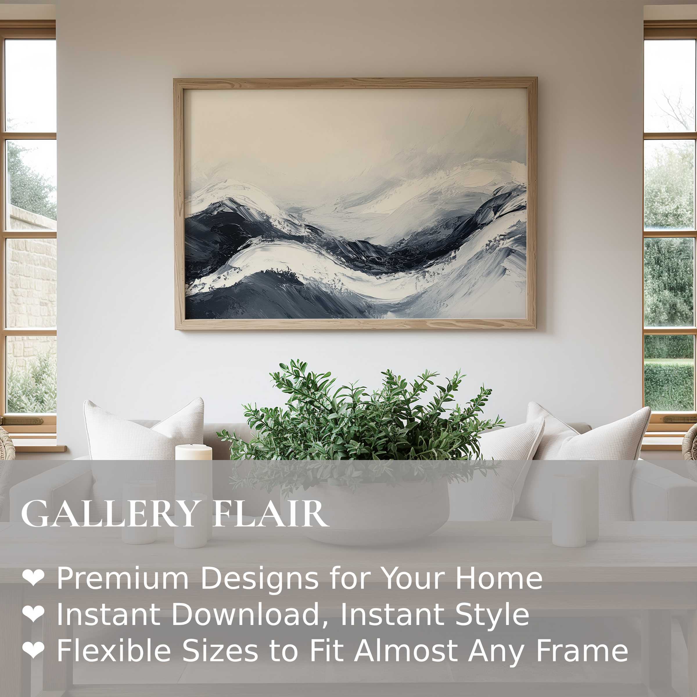 Serene neutral wall art print featuring soft, flowing abstract waves in muted blues and grays, enhancing modern minimalist living spaces with calming elegance