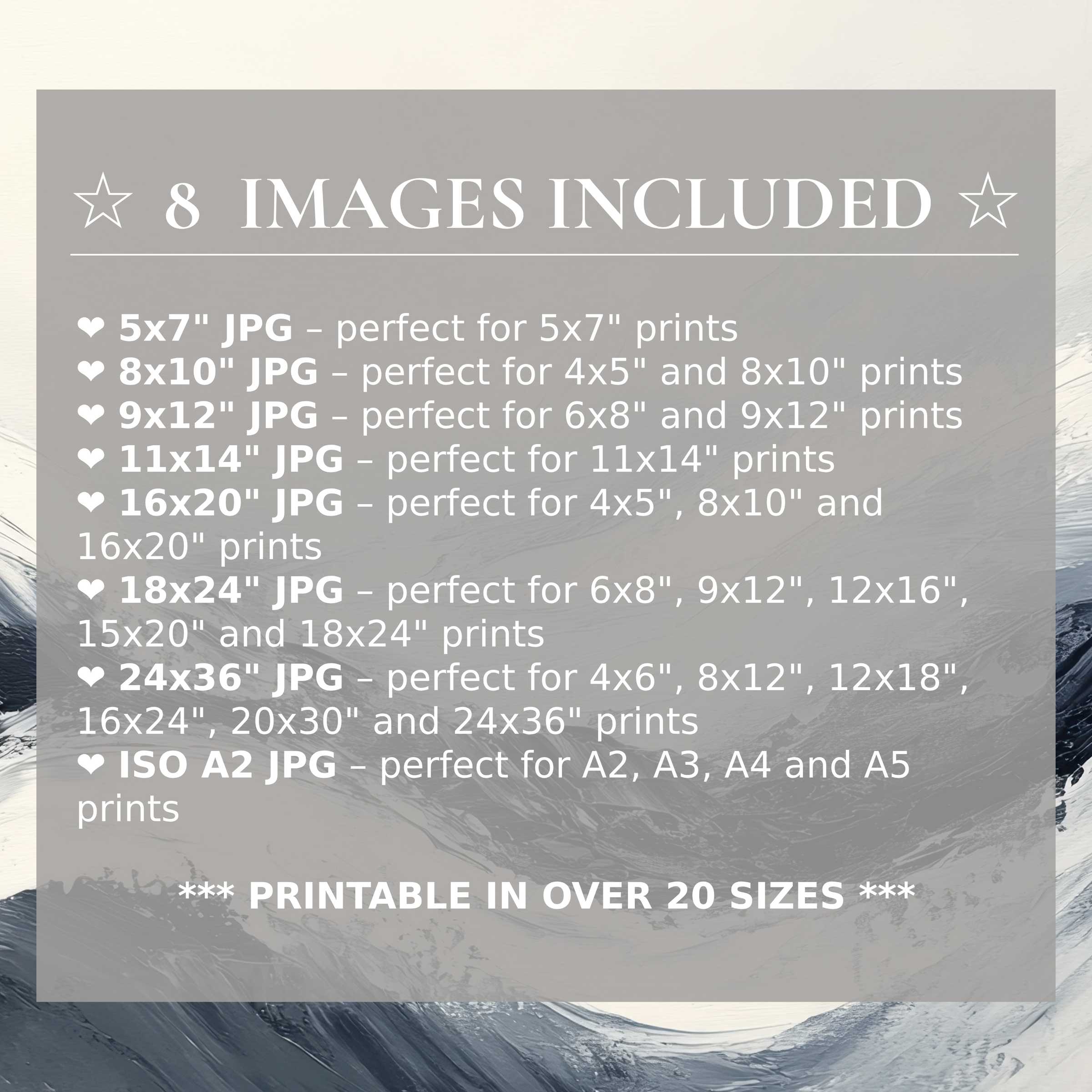 Neutral digital print in serene greys and soft off-whites, radiating calm sophistication; includes 8 premium sizes for effortless modern interiors