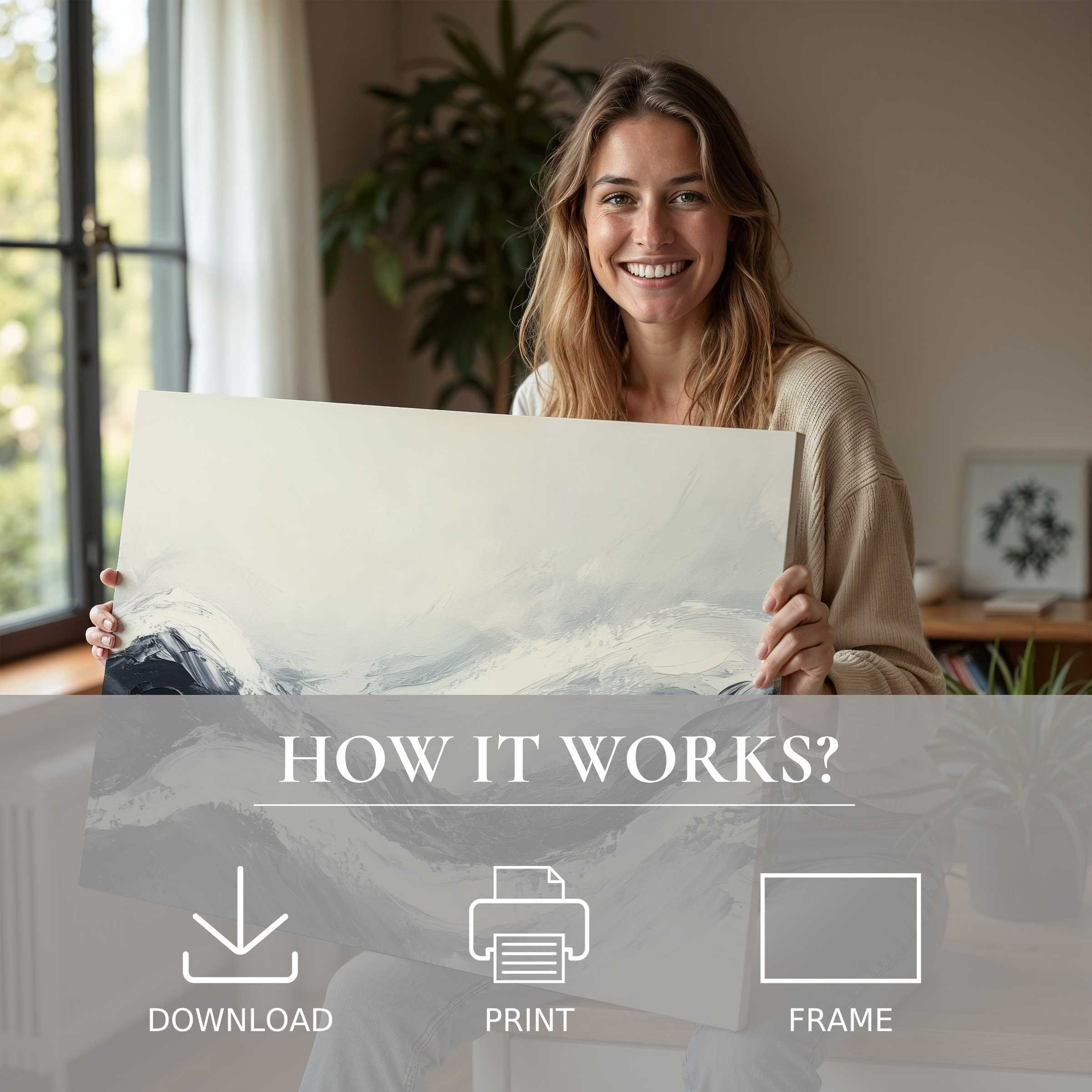 A radiant moment of joy enriched by a neutral digital art print, blending serene hues into a stylish modern home