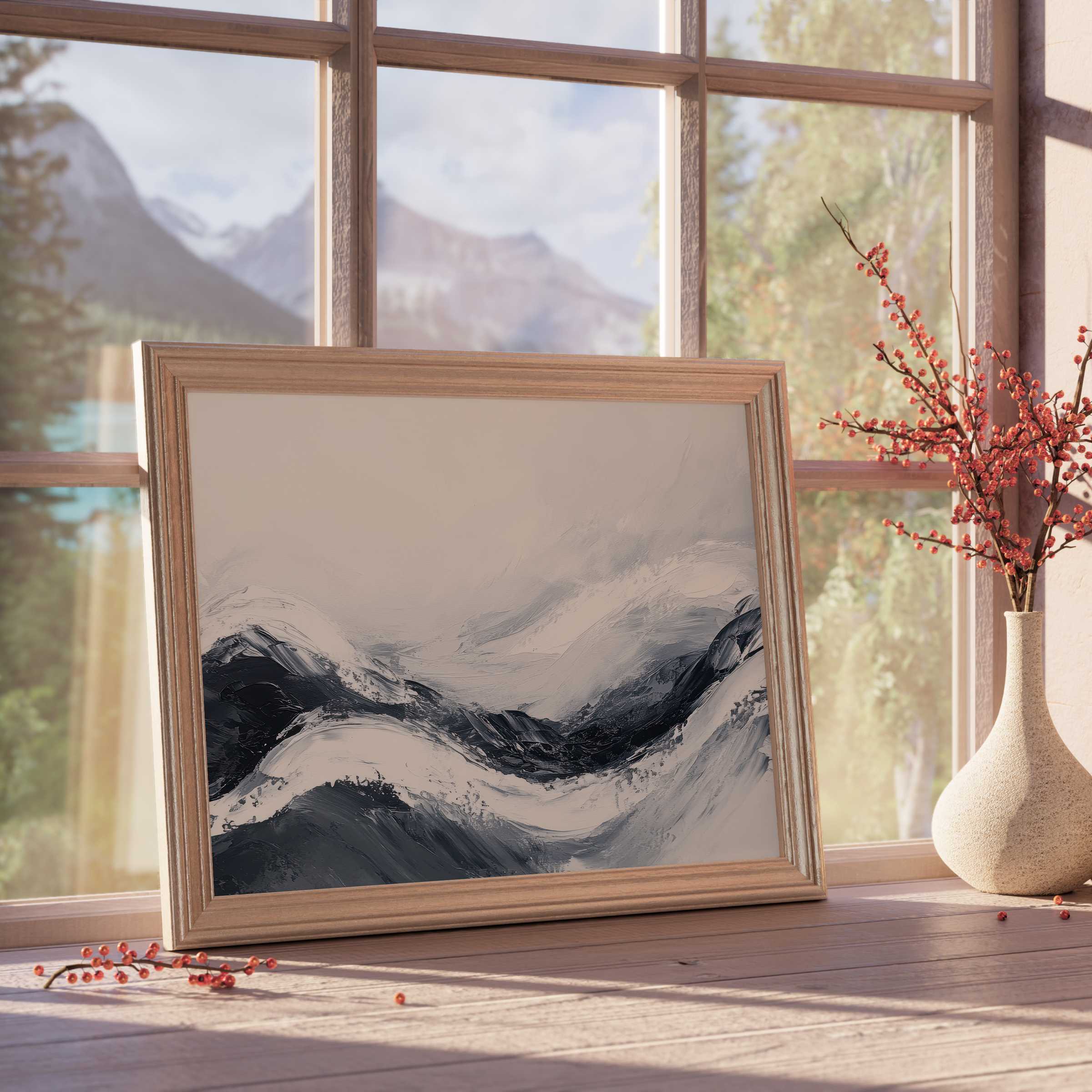 Neutral downloadable art featuring elegant abstract waves in charcoal and stone, evoking calm in curated, tranquil interiors