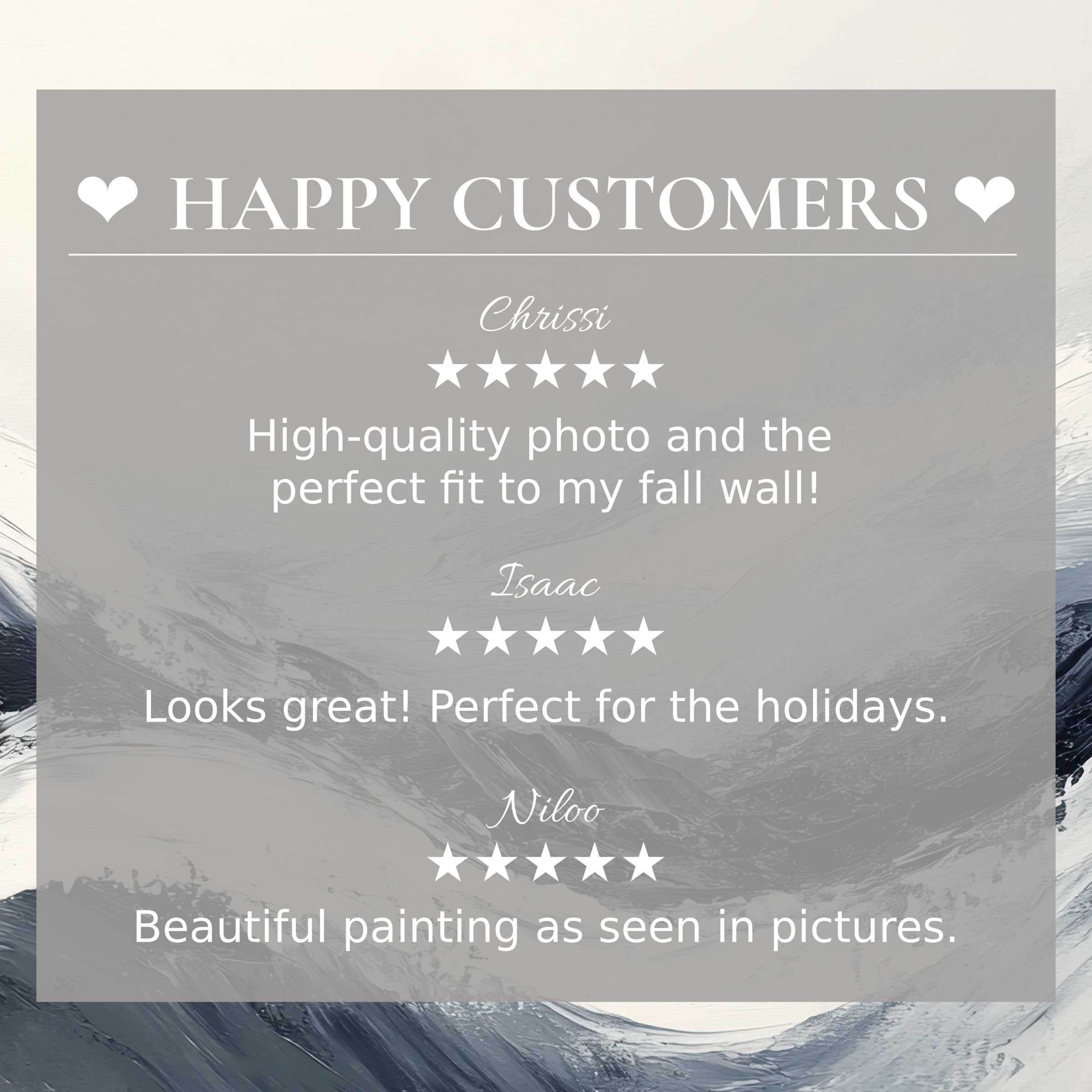 Elegant layout showcases neutral art for Frame TV with abstract blue-gray hues and happy customer reviews