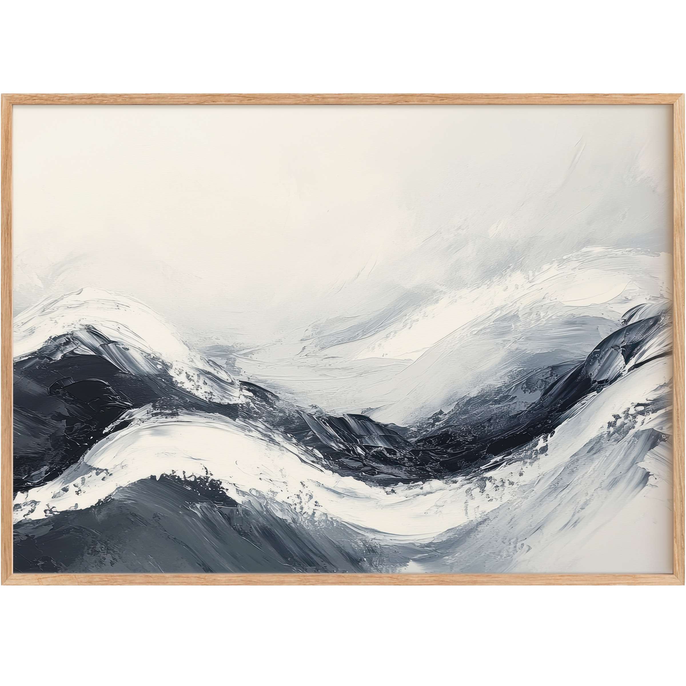 Serene neutral printable wall art capturing dynamic ocean waves in deep navy and soft ivory, evoking calm and refined elegance