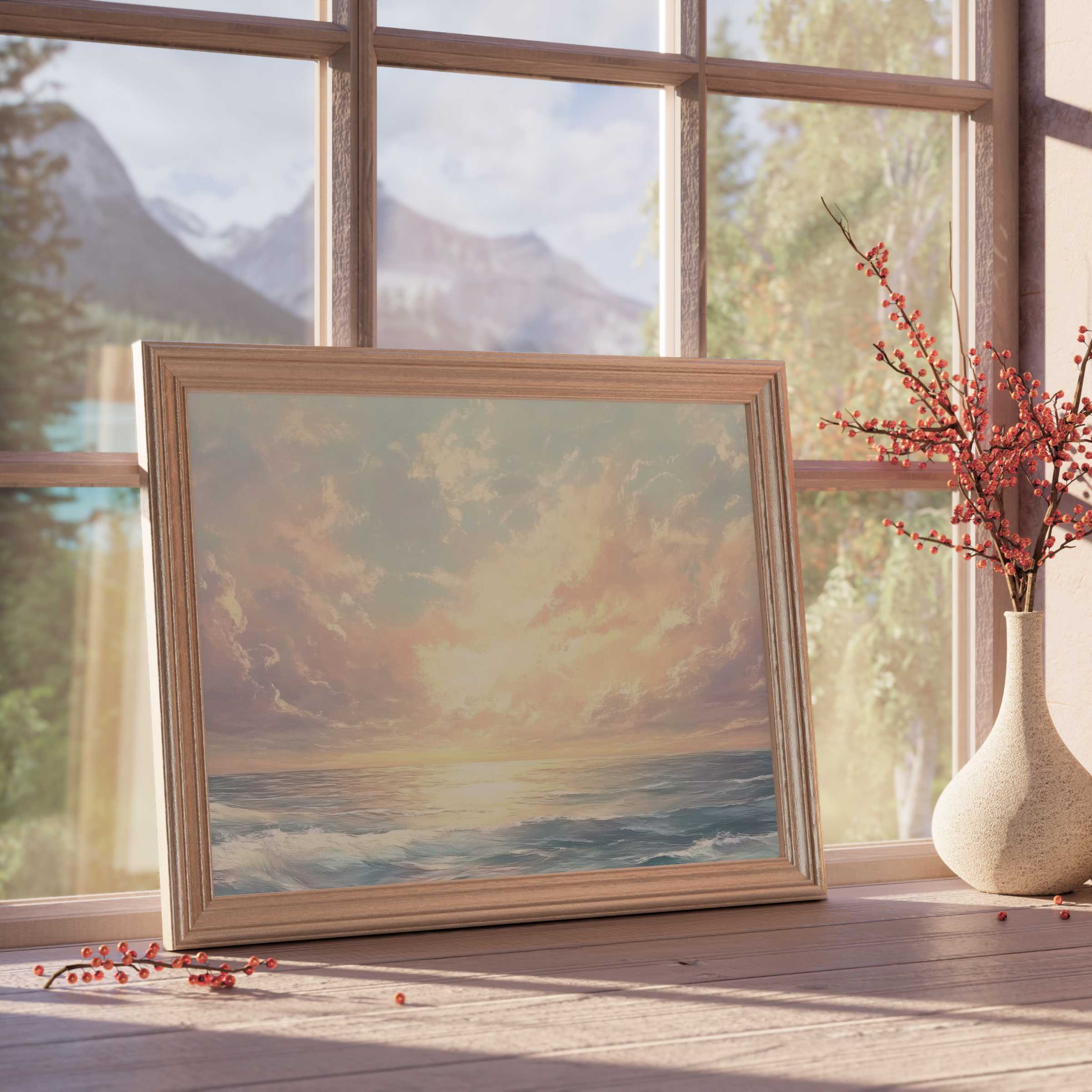 Coastal downloadable art capturing a serene sunset over gentle waves, perfect for elevating tranquil, curated interiors with warm, natural light