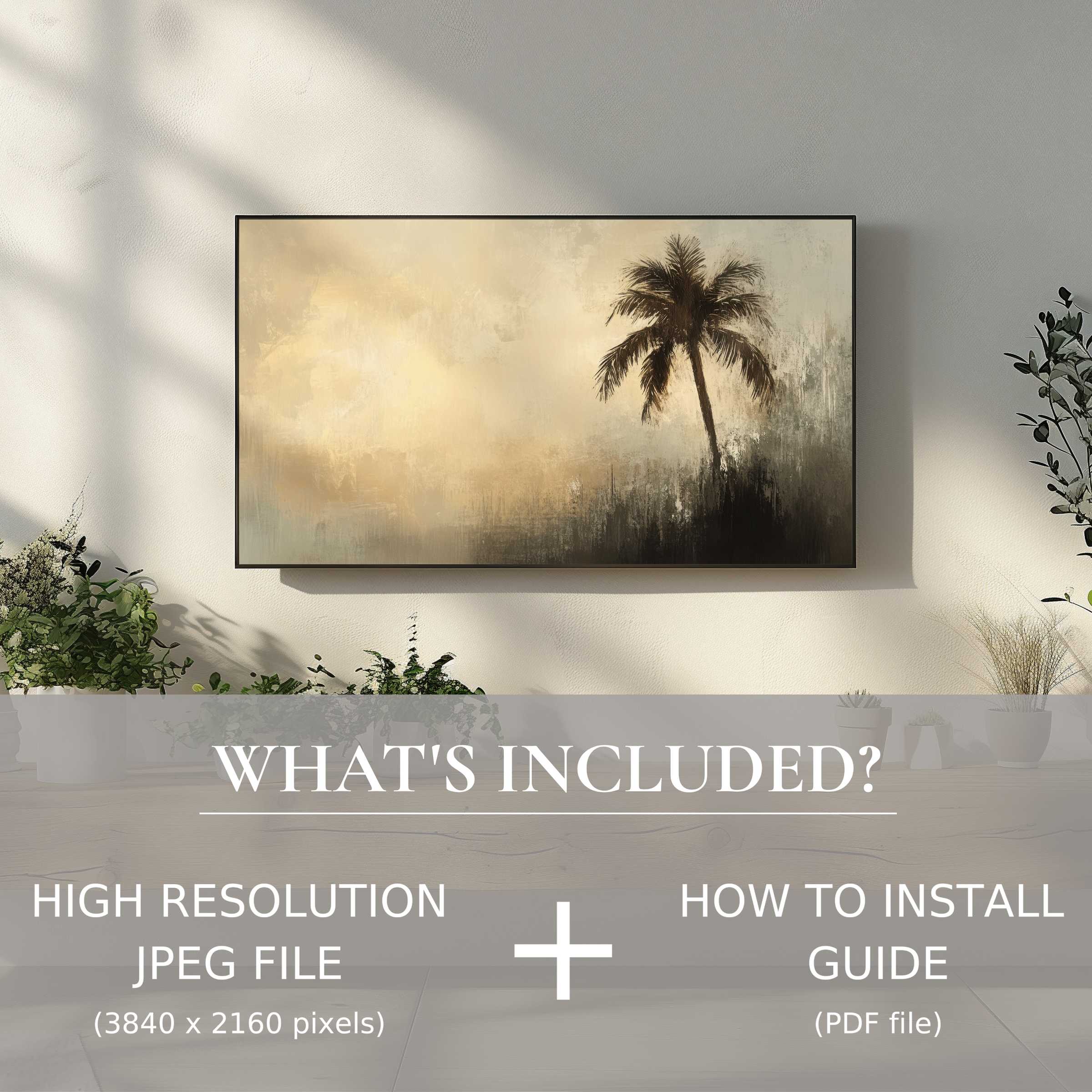 Elegant summer digital TV art download featuring a palm tree, easy digital use elevates any modern living space