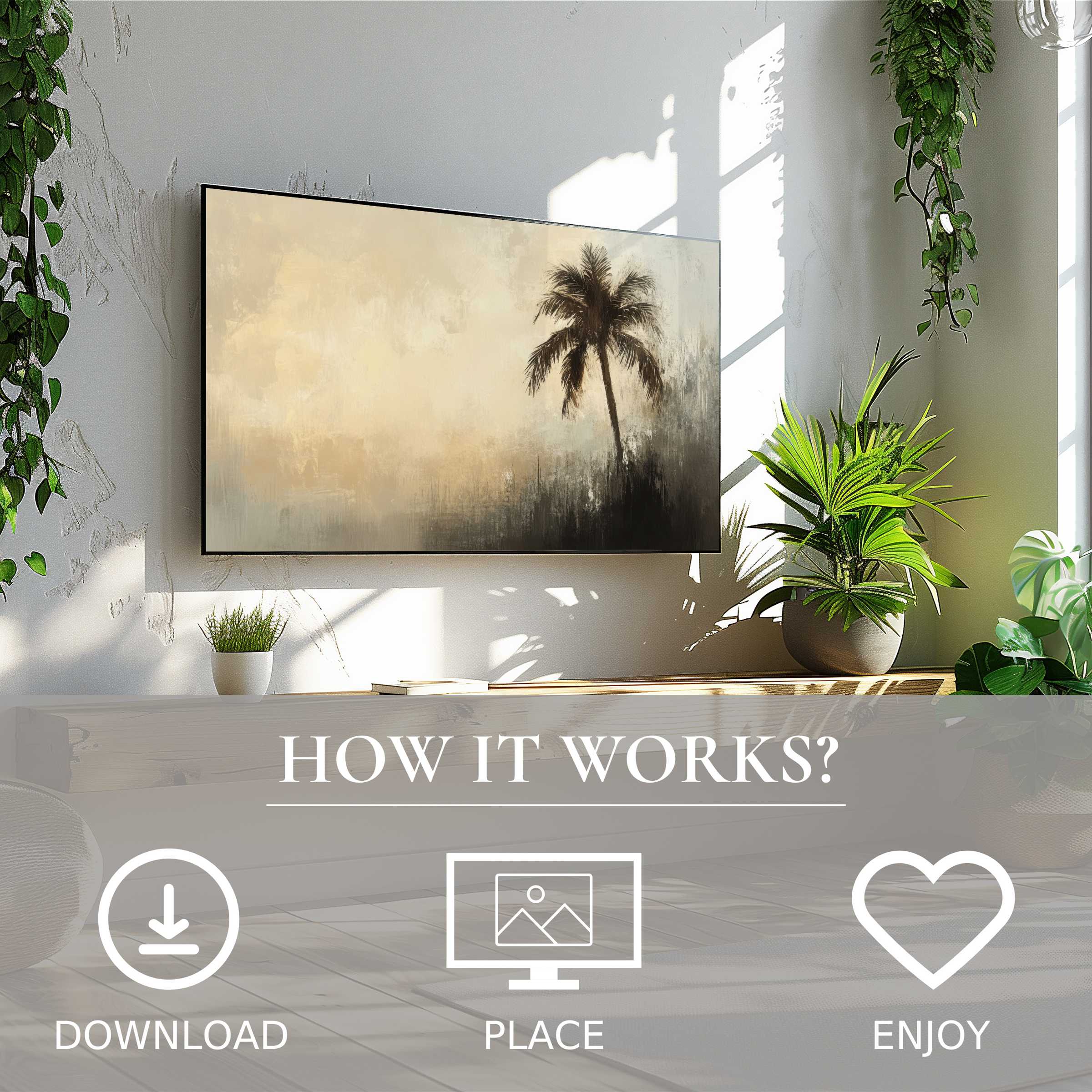 Summer art for Samsung TV shows soft sunset tones with a palm motif, easy digital download enriches modern living spaces