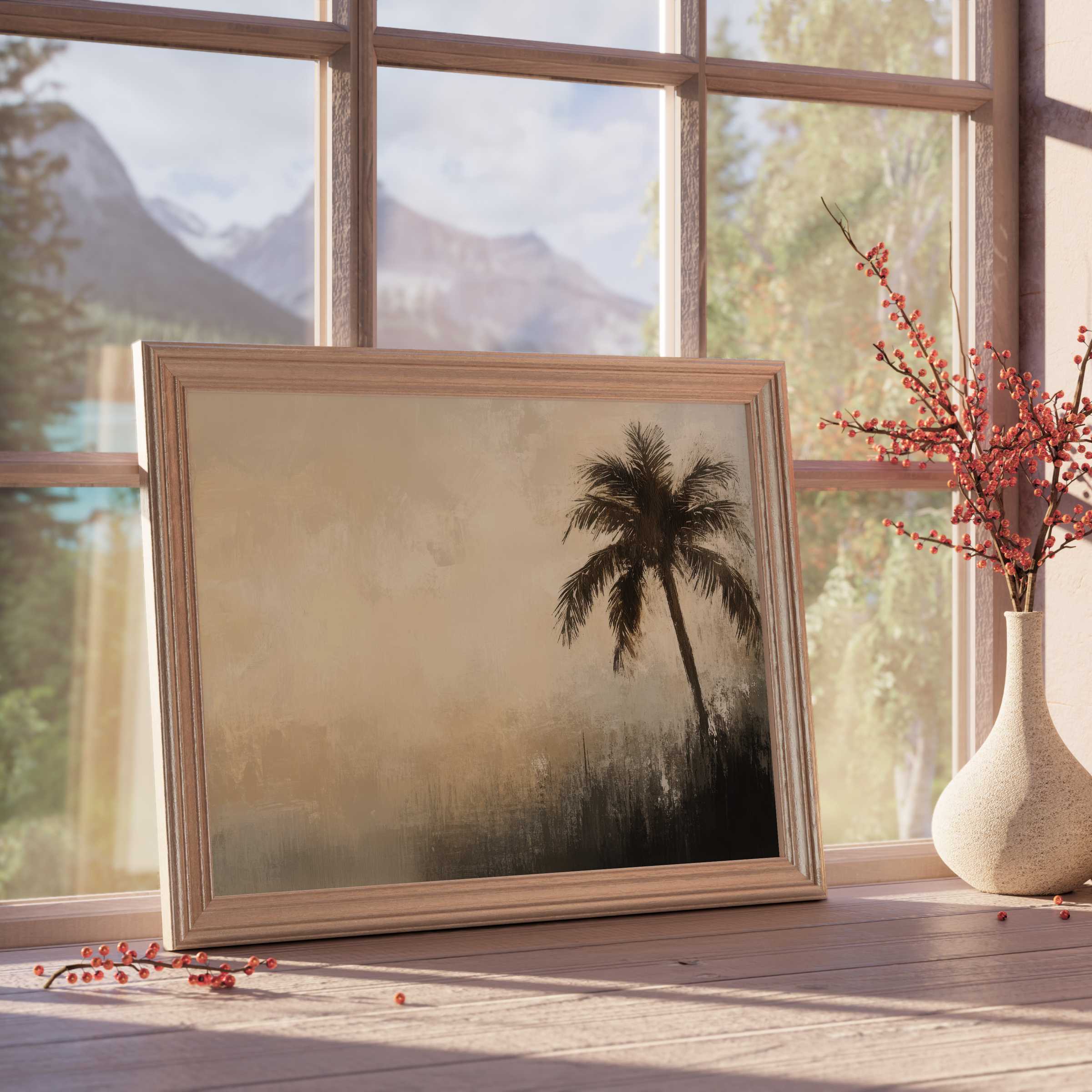 Summer downloadable art capturing a serene palm silhouette in warm, muted tones, perfect for tranquil, design-forward interiors