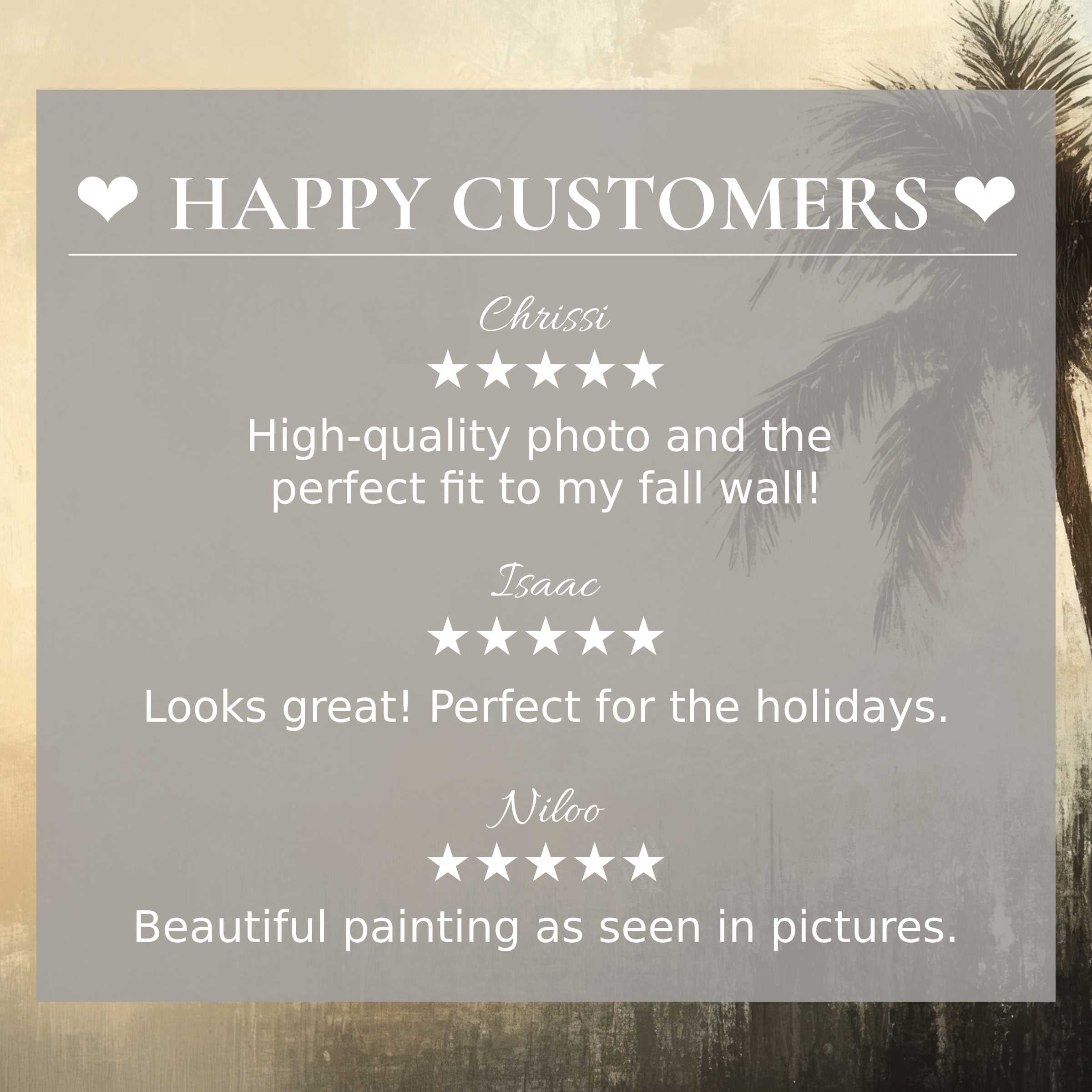 Elegant summer art for Frame TV with abstract sunset hues and palm trees, featuring happy customer reviews building trust