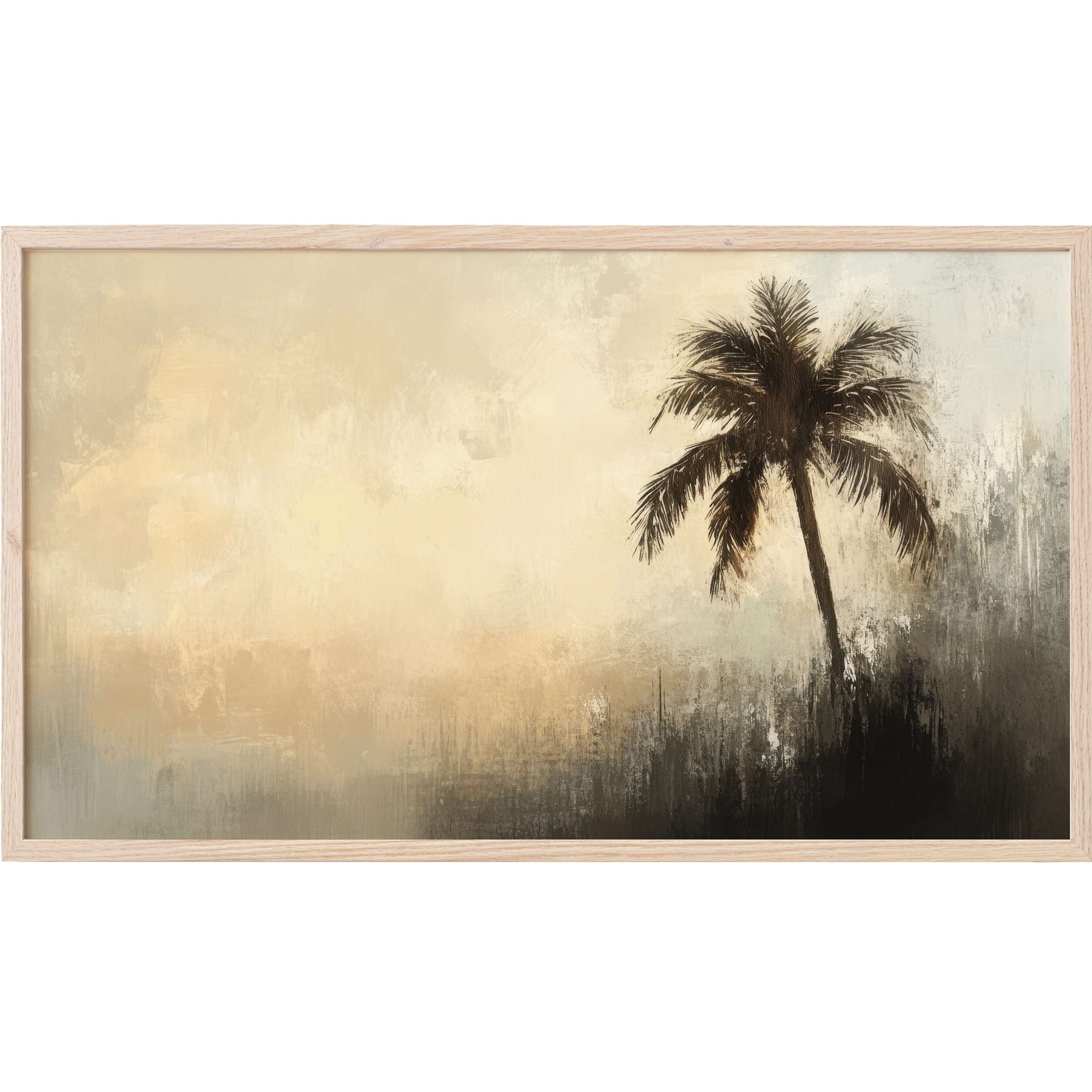 Elegant summer Frame TV Art featuring a solitary palm tree in muted beige, brown, and charcoal textured brushstrokes
