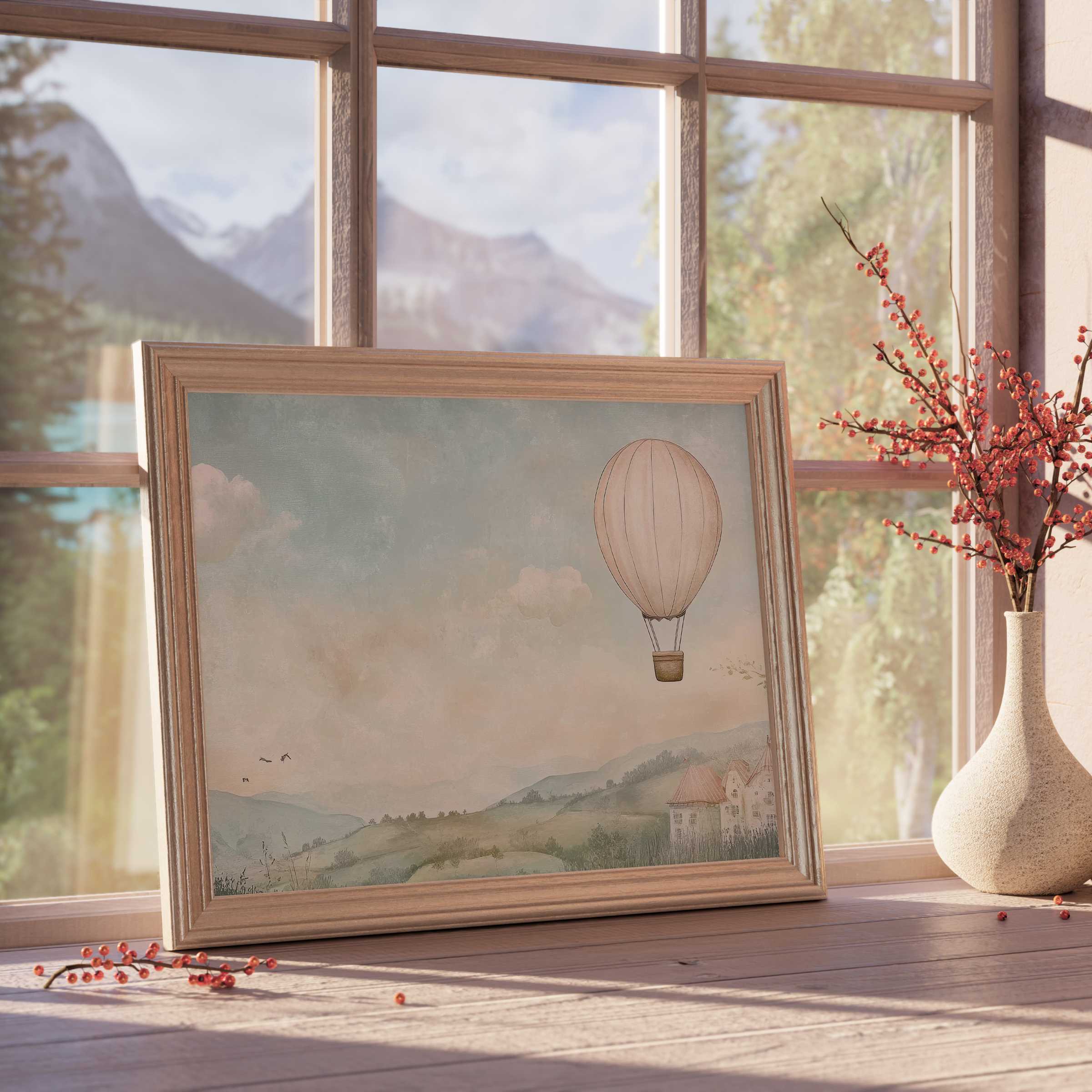 Nursery downloadable art featuring a serene hot air balloon over soft hills, elevating calm, curated nursery spaces