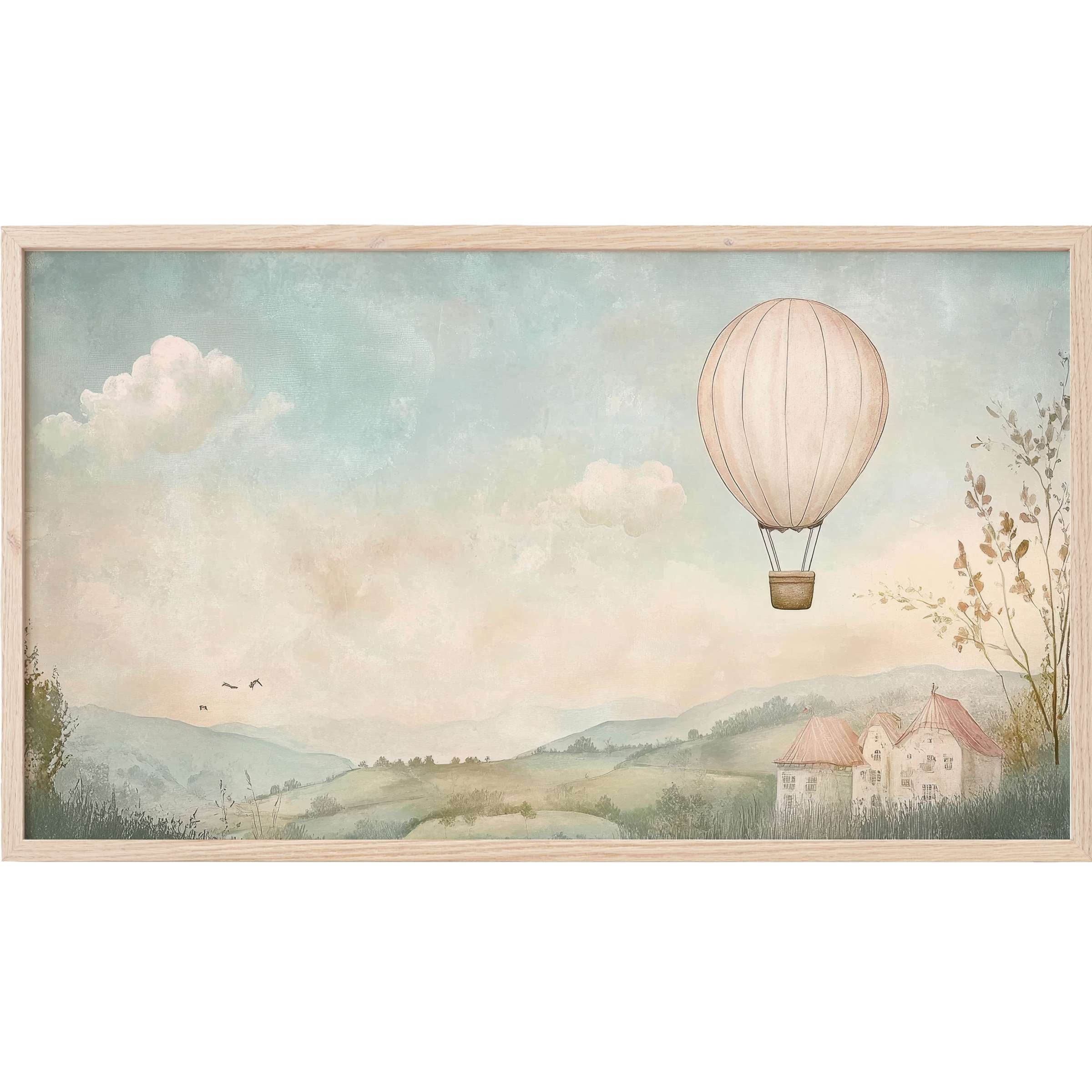 Dreamy pastel landscape with hot air balloon and soft clouds, a serene nursery Frame TV Art in muted tones