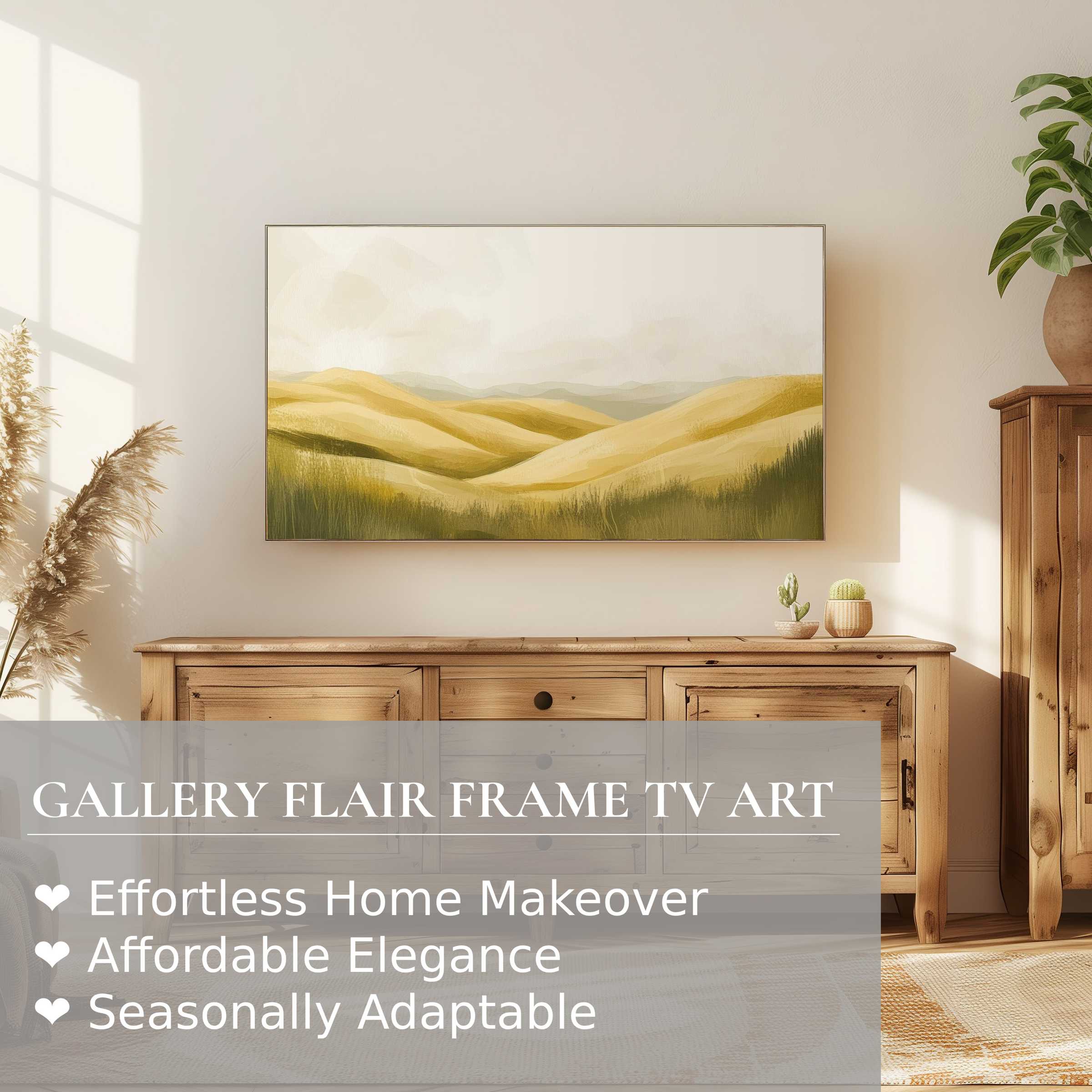 Samsung Frame TV displaying warm-toned landscape digital artwork in a serene, elegant modern living space
