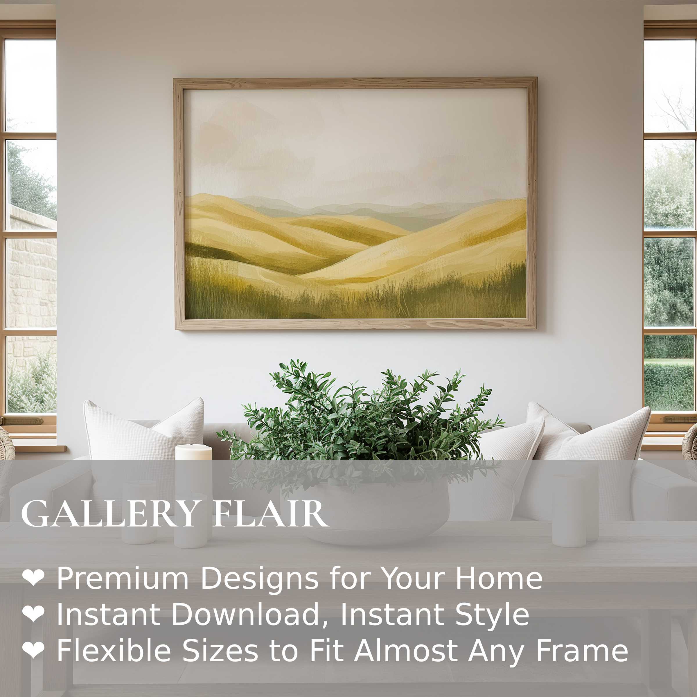 Soft, calming landscape wall art print featuring golden rolling hills, enhancing modern minimalist living spaces with serene natural elegance