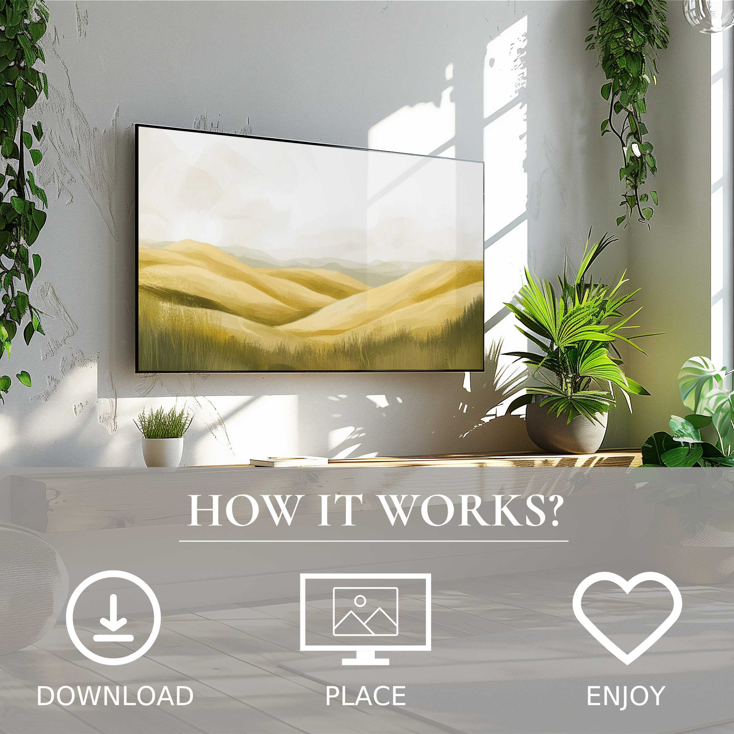 Modern living room with landscape art for Samsung TV, soft sunset tones, easy digital download, elevates space
