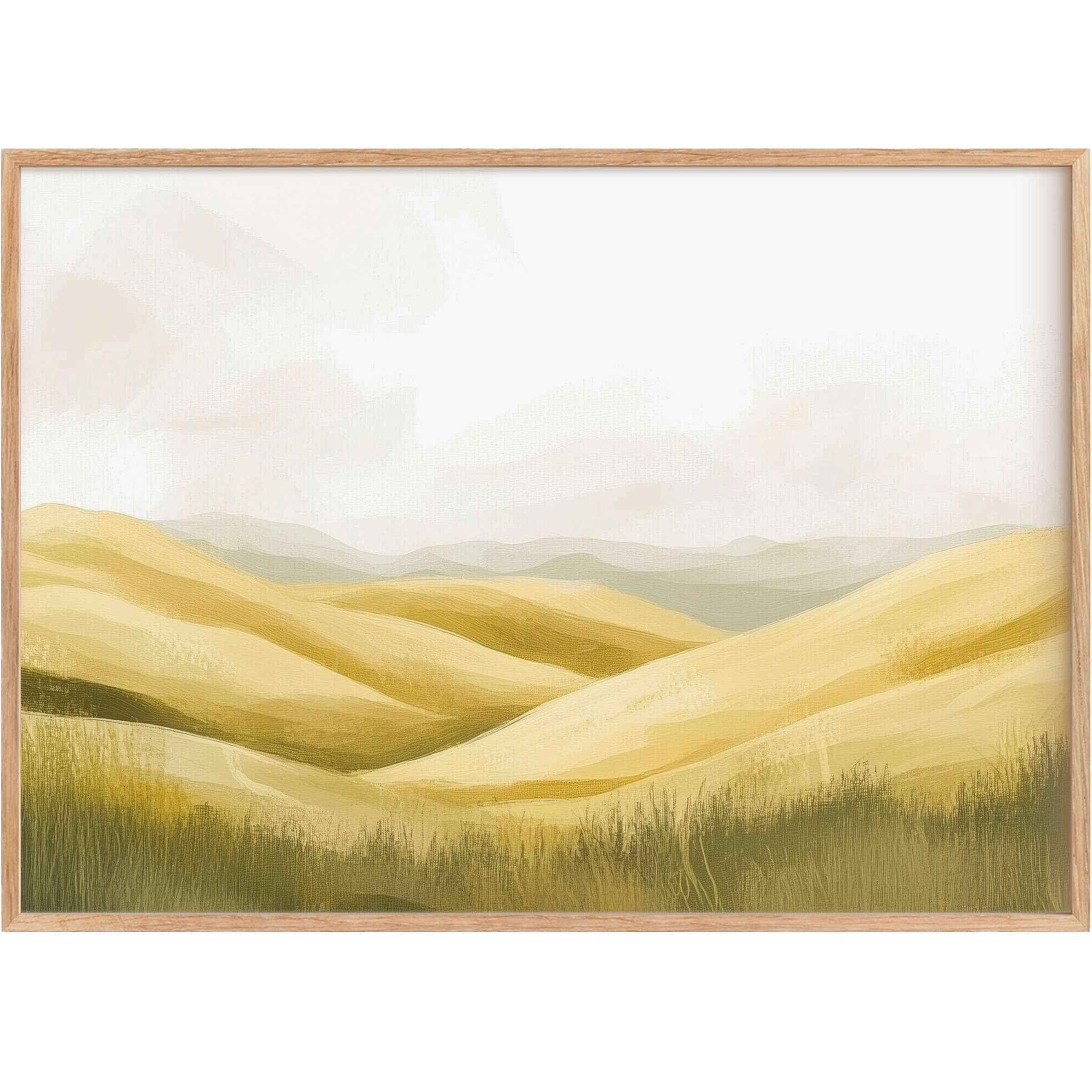 Serene landscape printable wall art with soft golden hills and muted greens, evoking a warm, tranquil ambiance in chic interiors