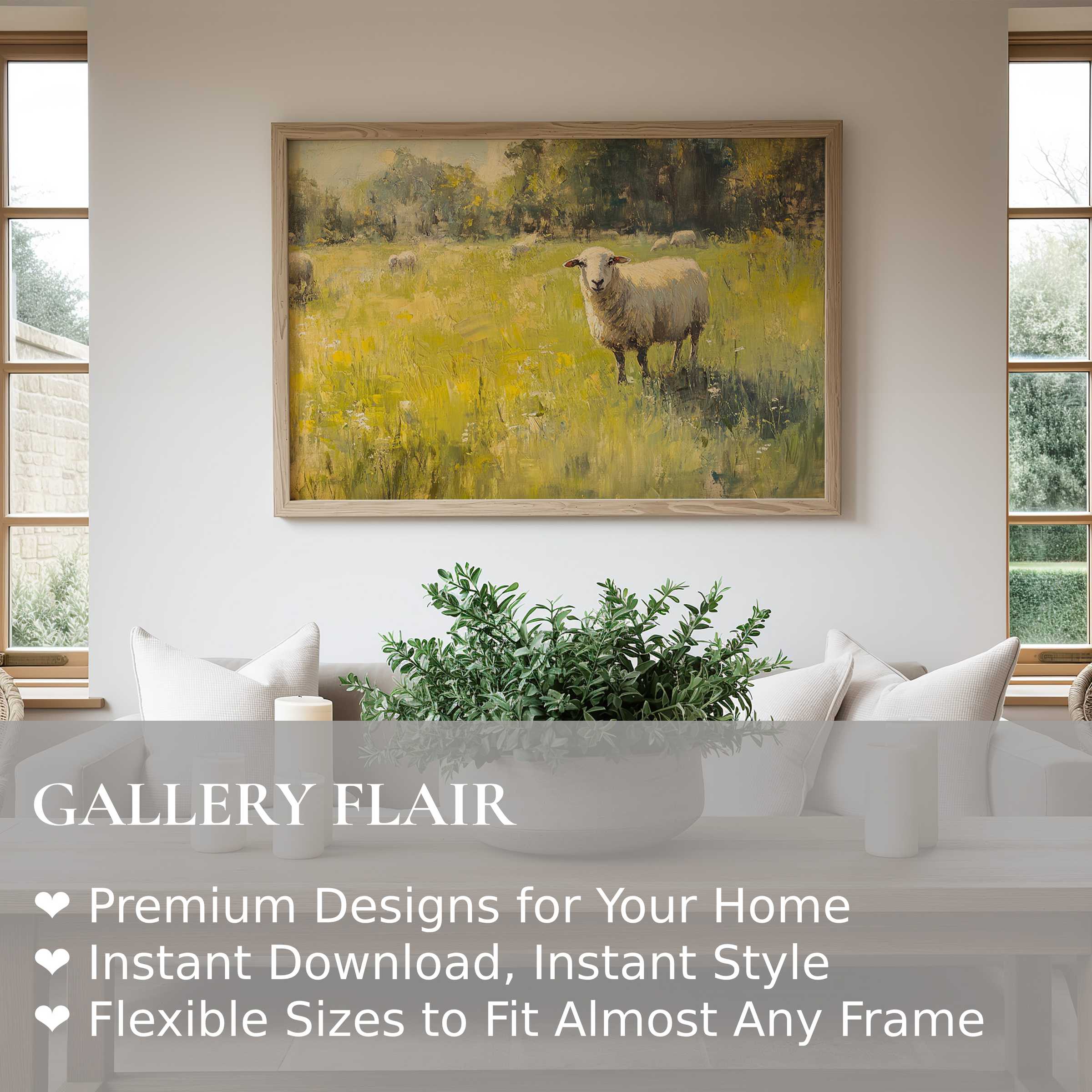Vintage wall art print of a serene sheep in a sunlit meadow, enhancing modern rustic interiors with soft, calming charm