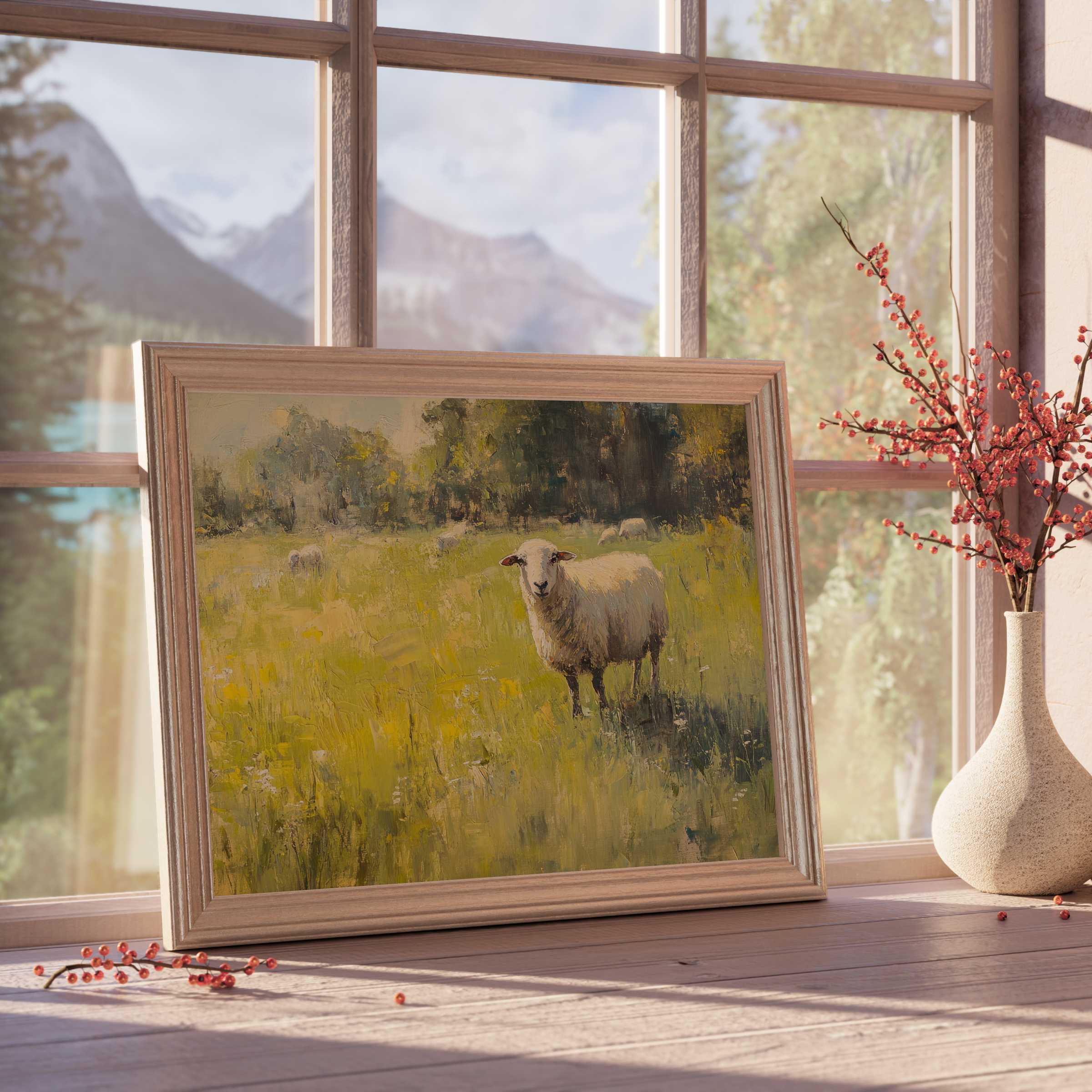 Vintage downloadable art capturing serene pastoral charm with soft natural light, enhancing curated, tranquil, design-forward interiors
