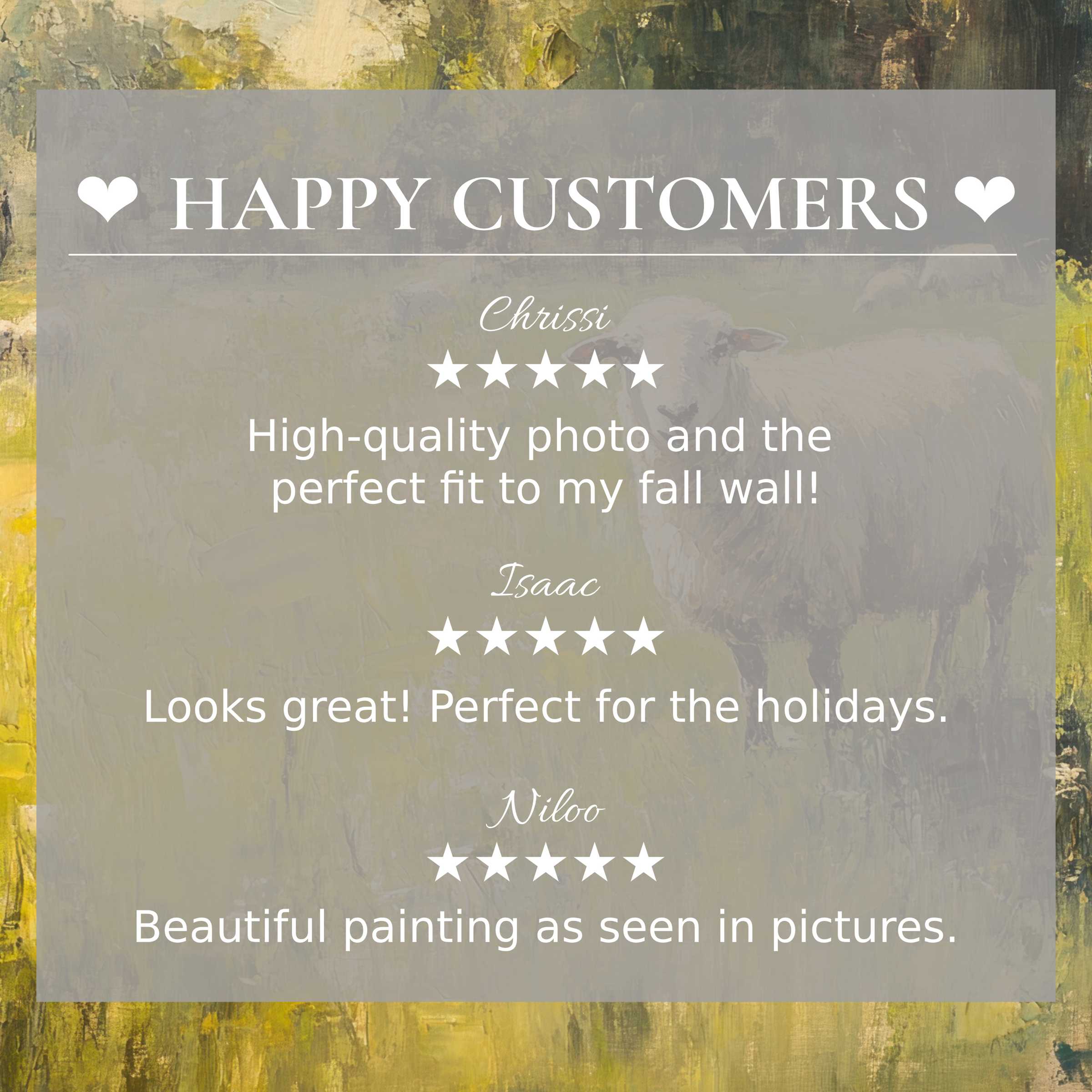 Vintage art for Frame TV with abstract sunset hues and a happy customer layout showcasing trusted positive reviews