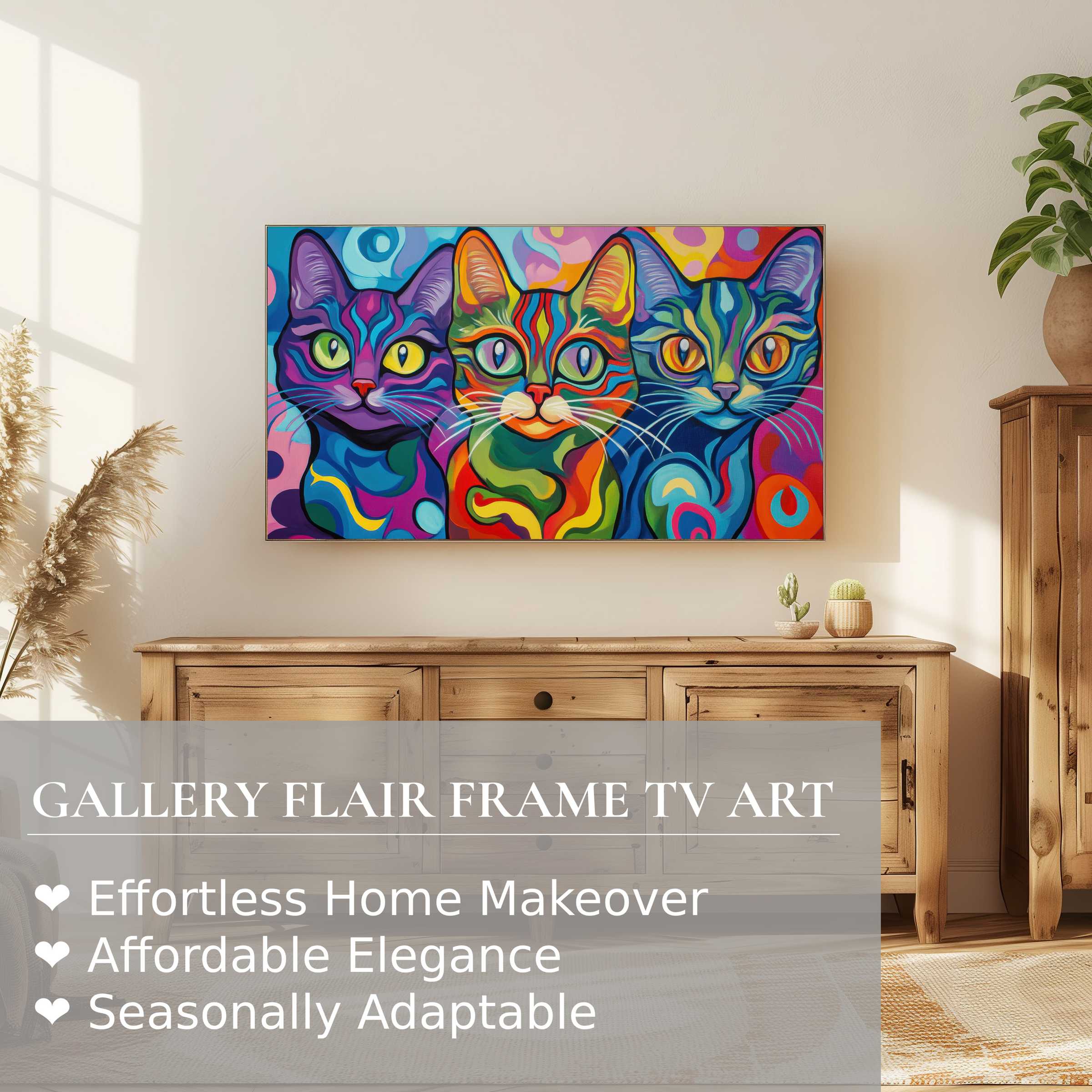 Vibrant pop art digital artwork of colorful cats on a Samsung Frame TV in a chic, sunlit modern interior