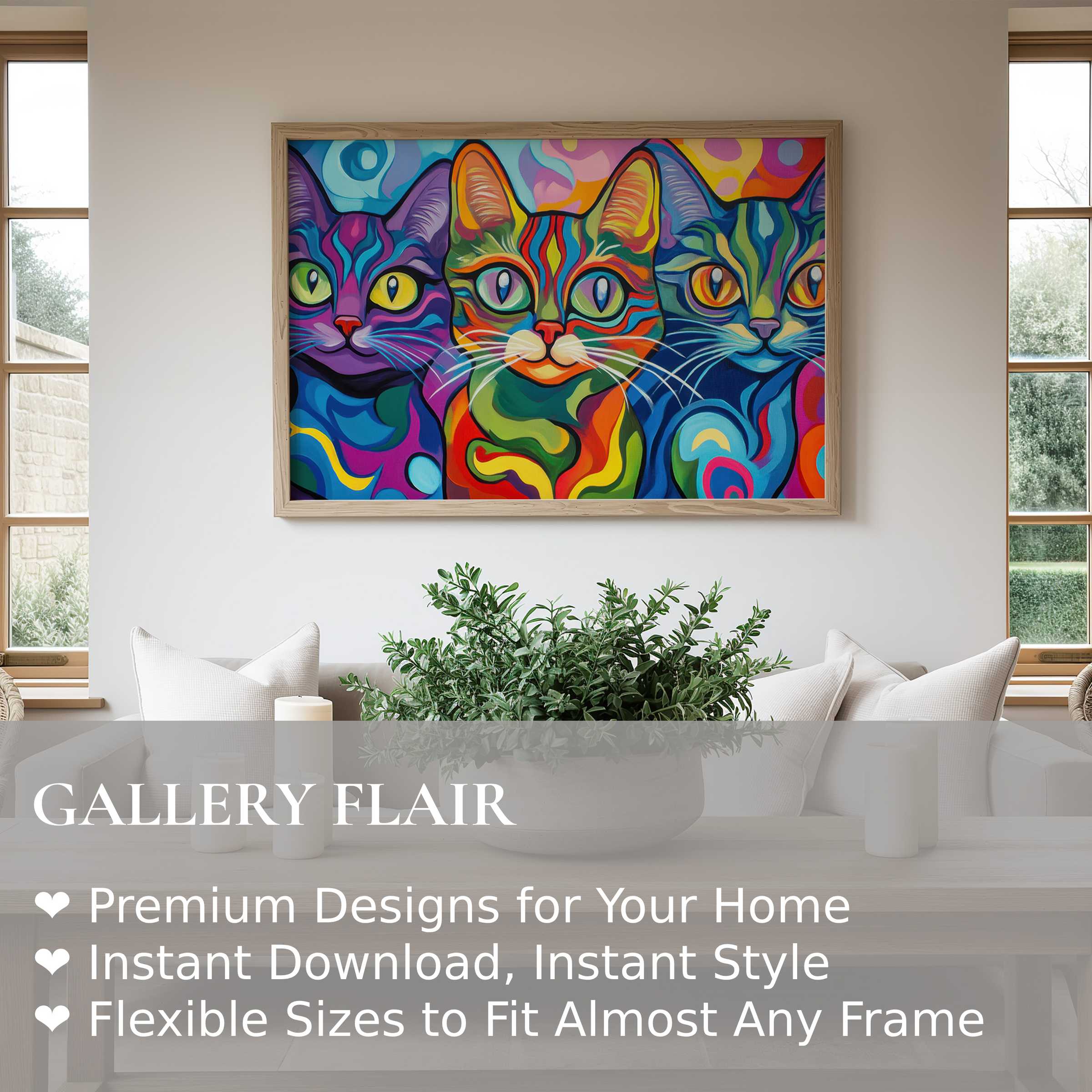 Vibrant pop art wall art print of colorful cats energizes a modern minimalist living room with bold, playful charisma and vivid hues