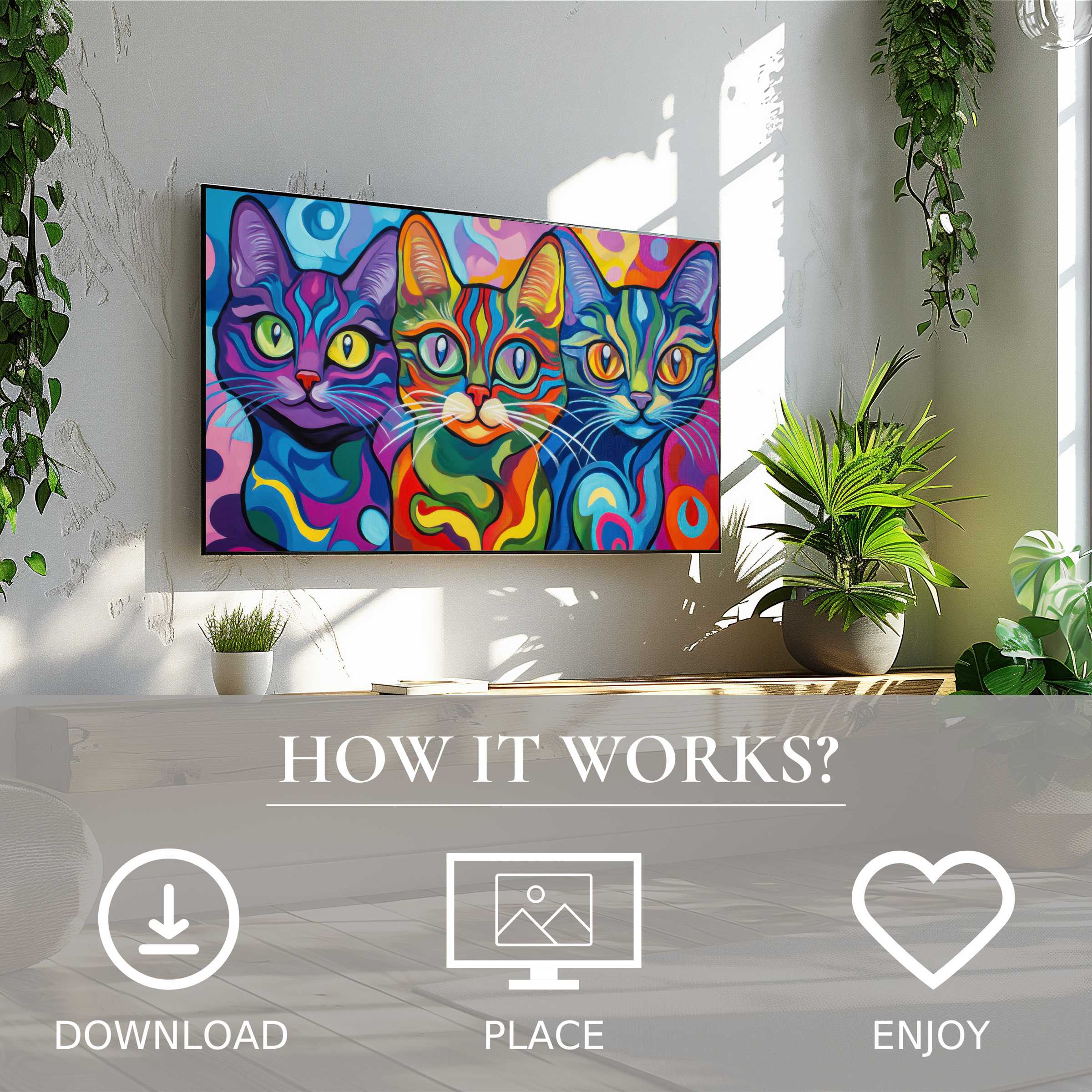 Pop art art for Samsung TV, vibrant cat motifs brighten living space, easy digital download for modern home decor