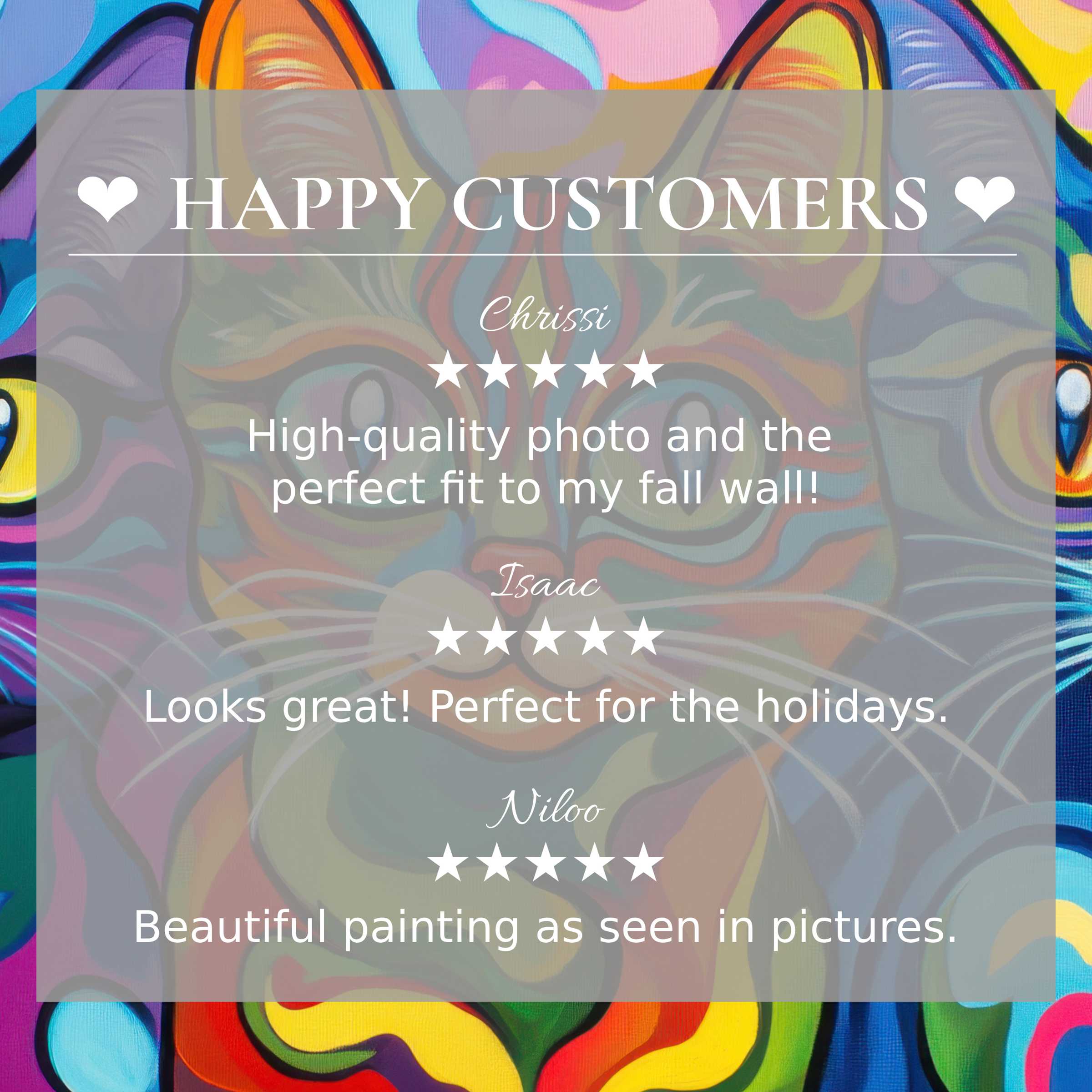 Pop art for Frame TV with vibrant abstract sunset hues, showcasing happy customer reviews and elegant trusted style