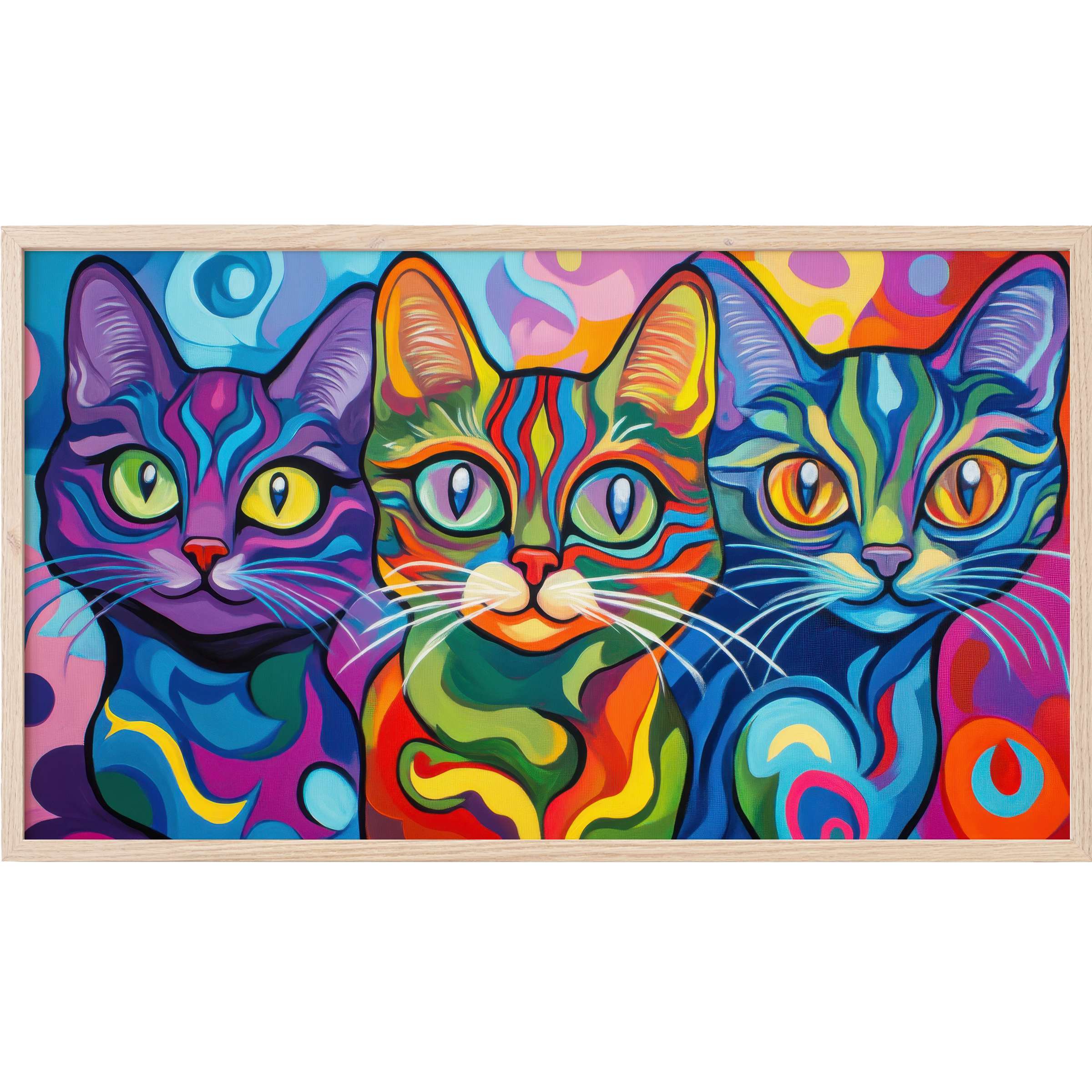 Vibrant pop art Frame TV Art of three colorful cats in bold blues, oranges, purples, and greens with fluid patterns