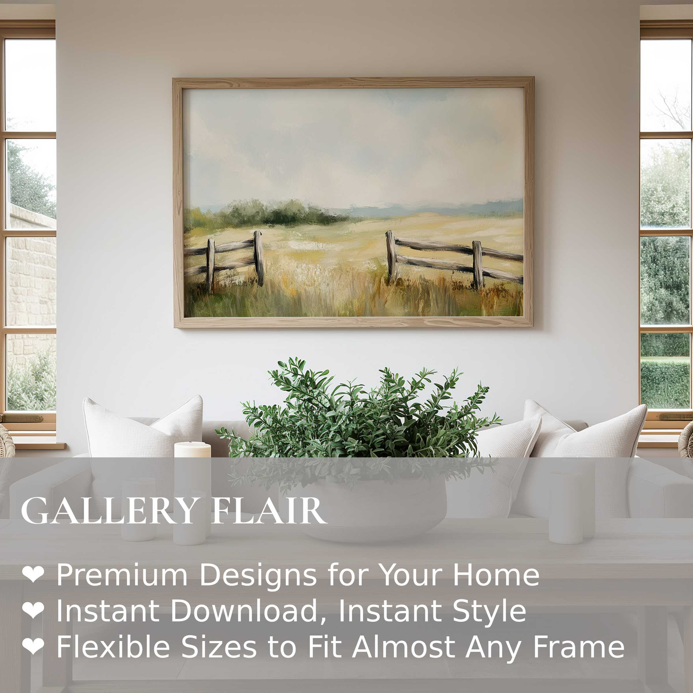 Farmhouse wall art print of serene countryside landscape with rustic fence enhances a modern, airy living room with tranquil charm