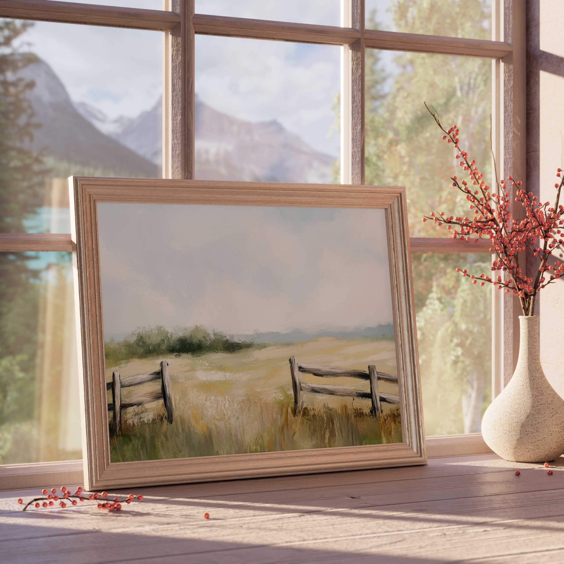 Farmhouse downloadable art evoking serene country charm with soft fields and rustic fences, perfect for tranquil, curated living spaces
