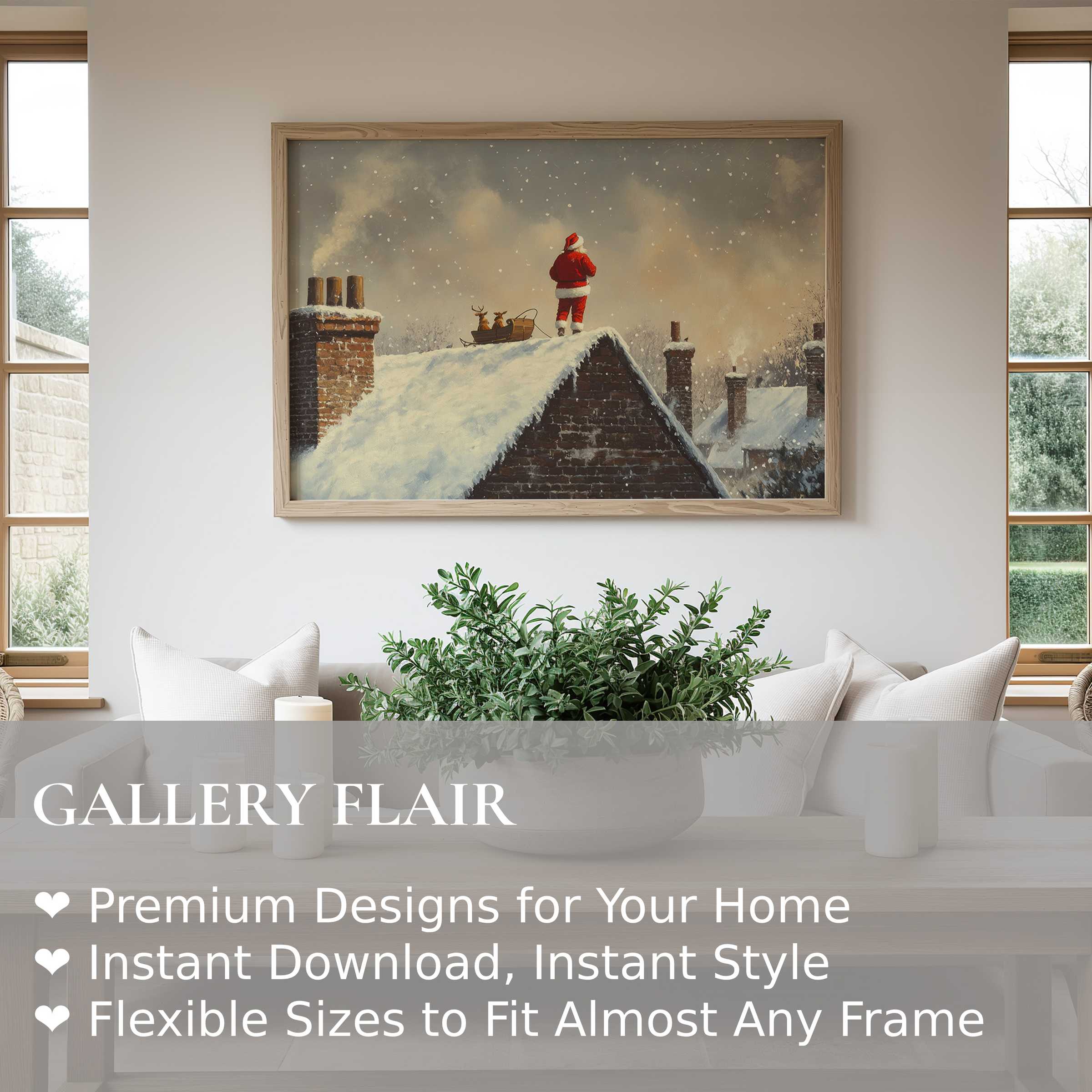 Christmas wall art print featuring a serene snowy rooftop scene with Santa, evoking cozy, classic holiday warmth in a modern living room