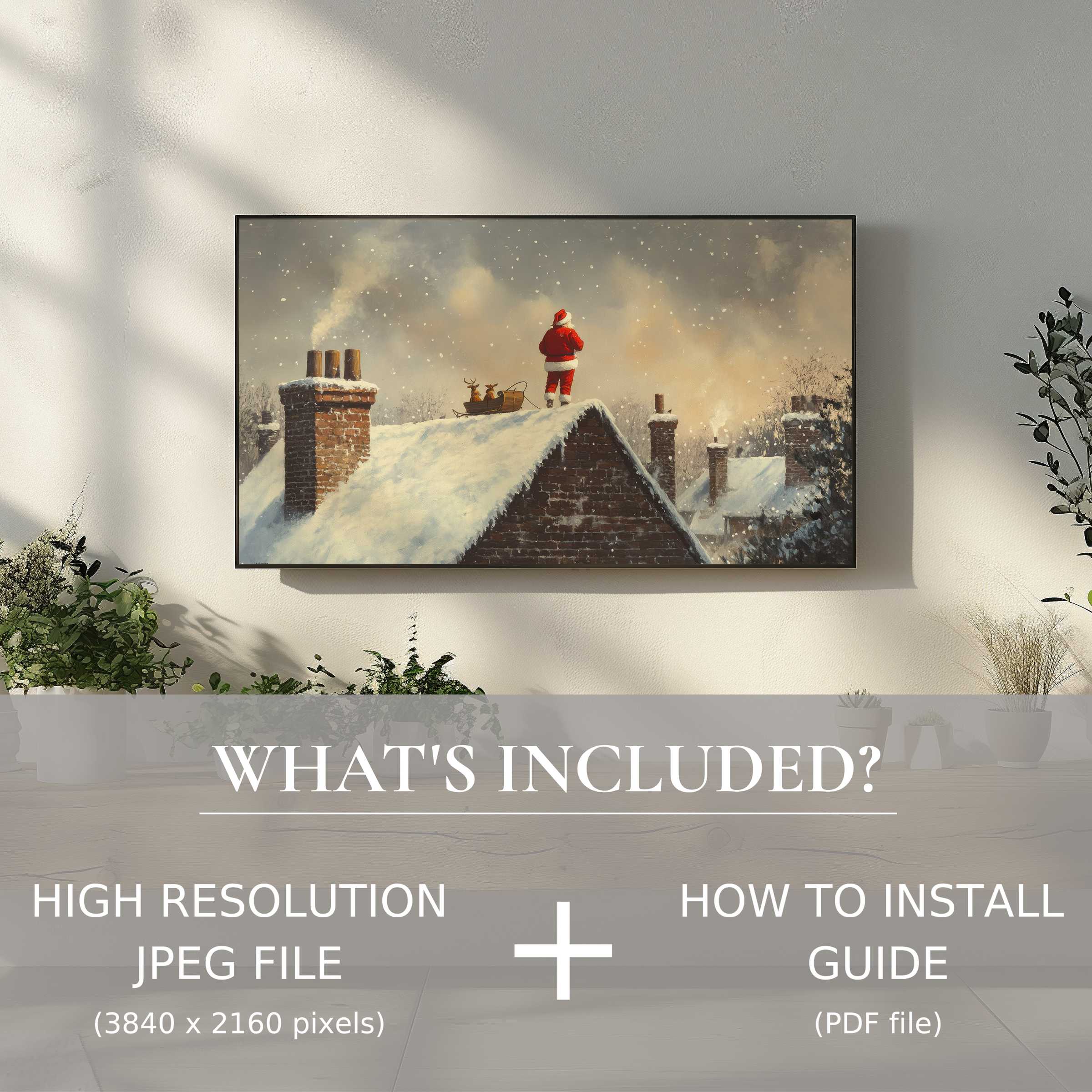 Elegant living space enhanced by easy christmas digital TV art download showcasing Santa on a snowy rooftop scene