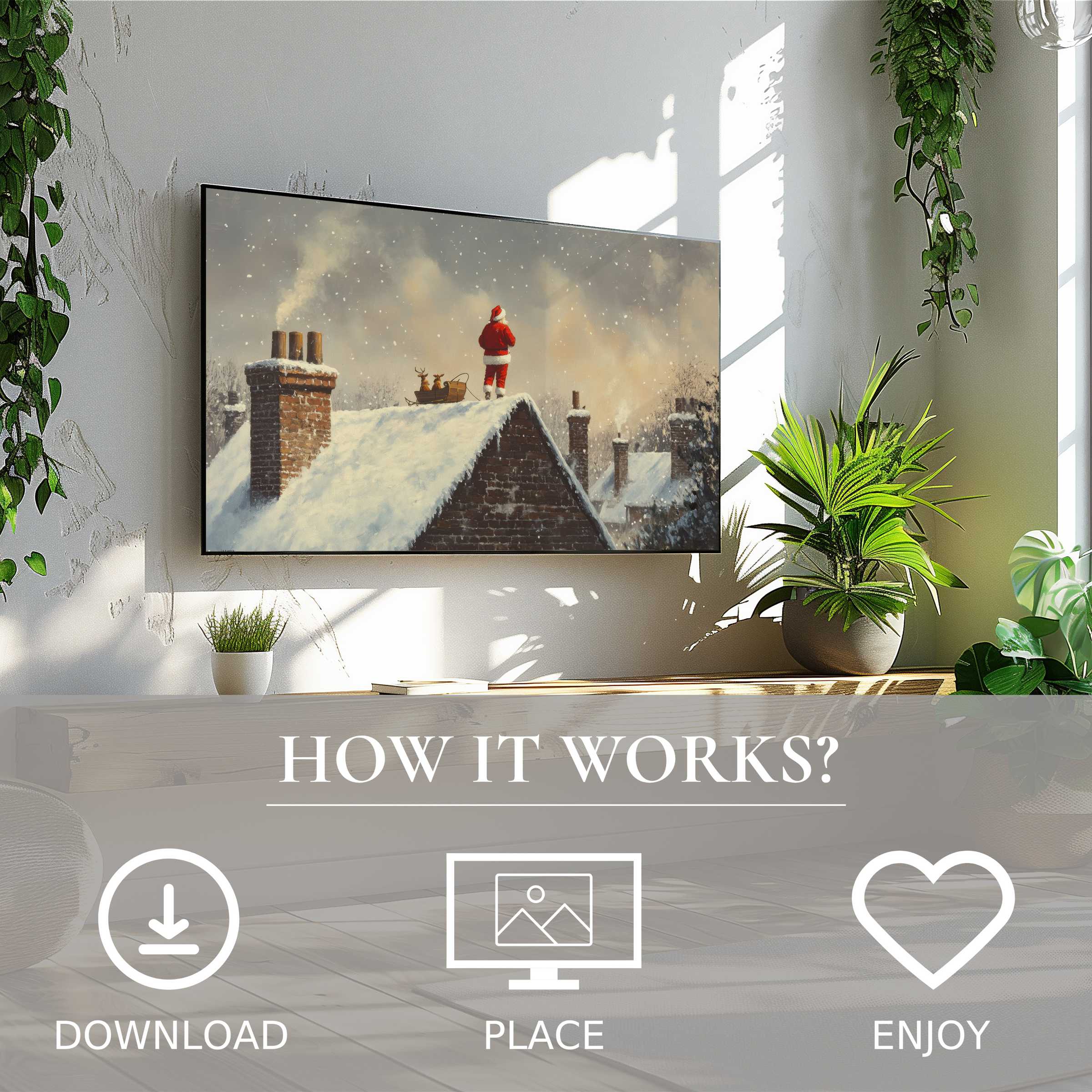 Modern living room with simple digital download; christmas art for Samsung TV shows soft sunset tones enriching space
