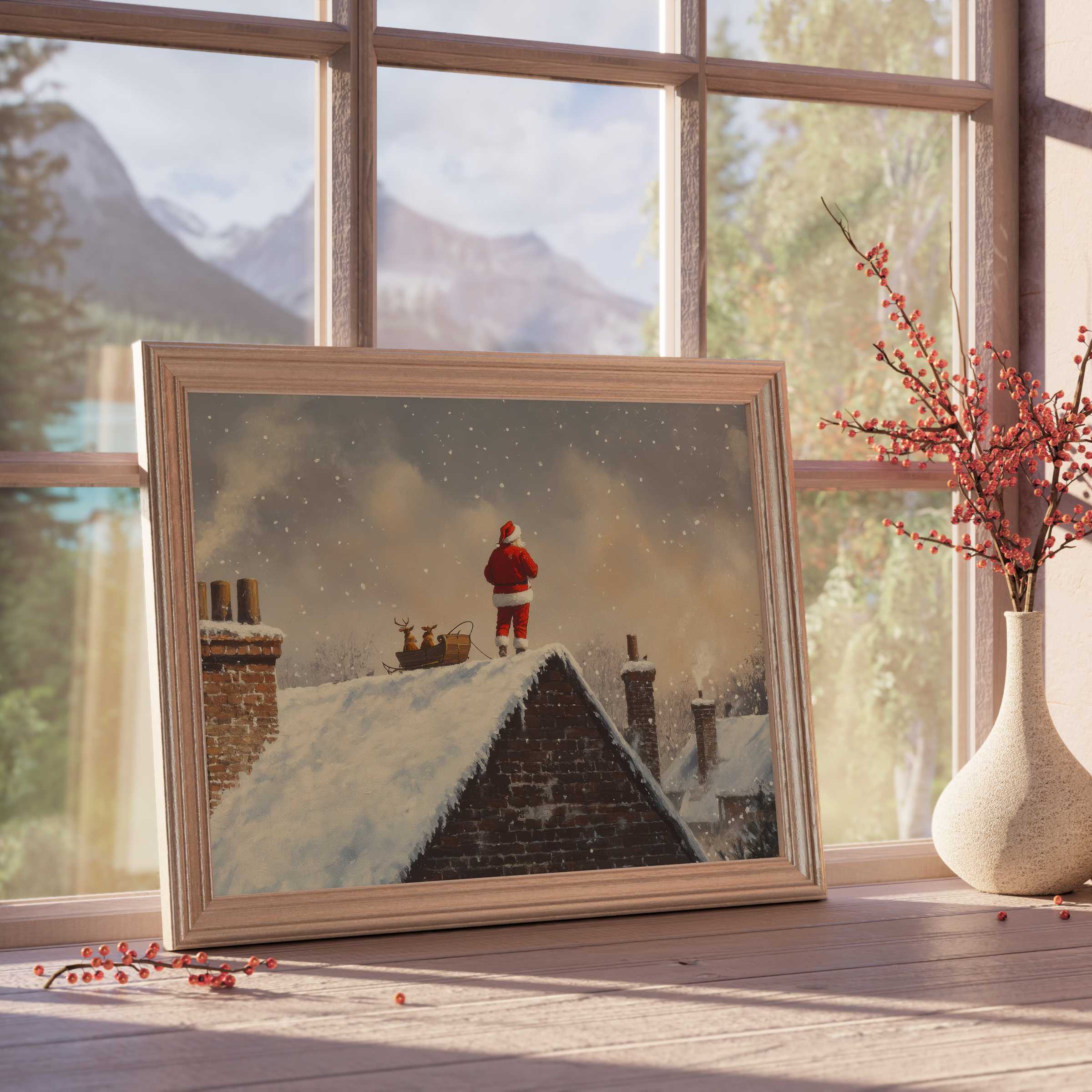 Christmas downloadable art capturing a serene snowy rooftop scene with Santa and reindeer, perfect for curated, tranquil interiors