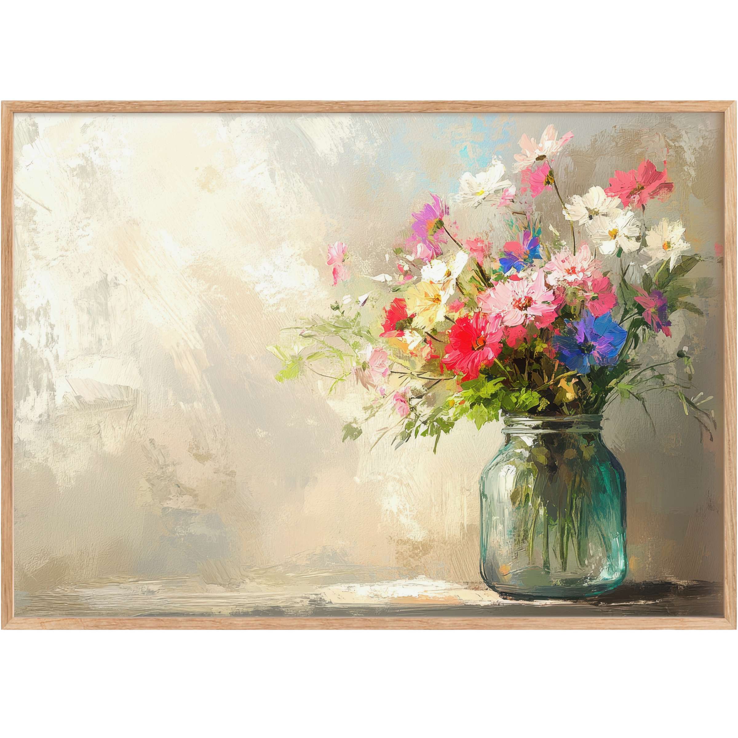 Spring printable wall art featuring a vibrant bouquet in a glass jar, radiating joyful warmth with soft pastels and bold florals